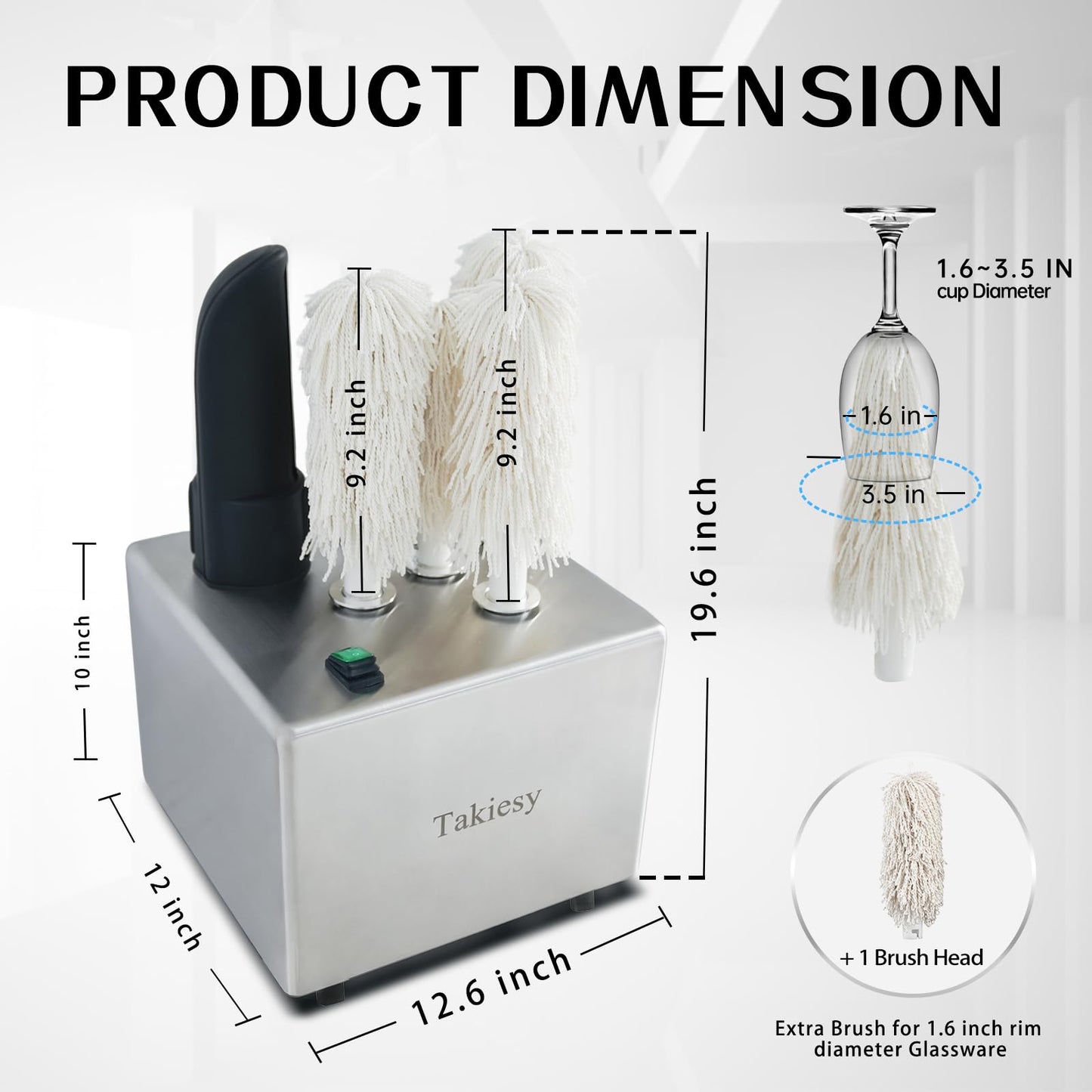 Takiesy Commercial Glass Polisher Machine with 6 Microfiber Brushes, 330 Cups/Hour, 136℉ Warm Air Drying & LFGB Certified Heads, Stainless Steel Build for Wine Beer Glasses in Bar Restaurant Hotel