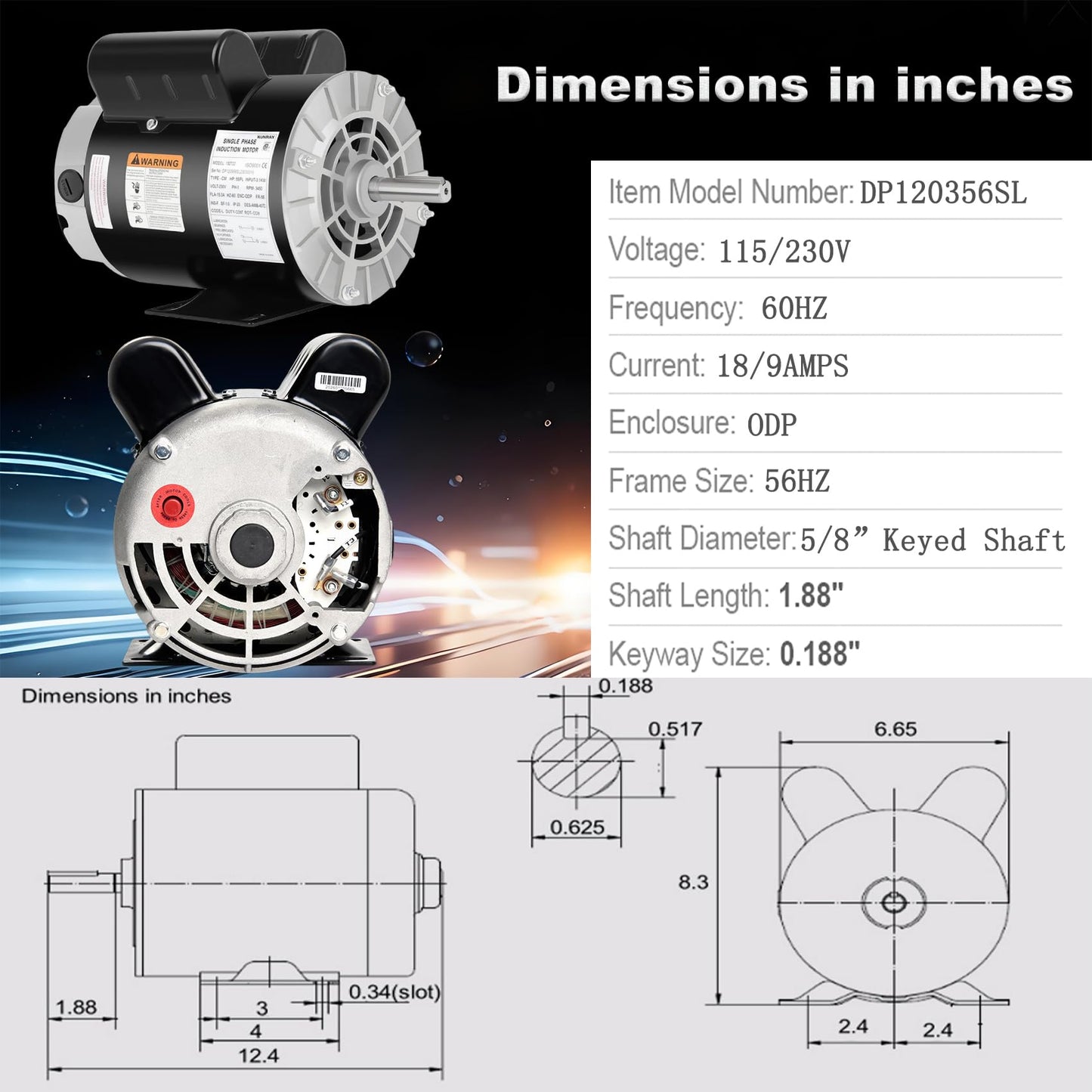 Kunray Air Compressor Motor, 3HP SPL Electric Motor, 56 Frame 3450 RPM,115/230V,18/9Amps Single Phase Motor, 5/8" Keyed Shaft, 1.88" Shaft Length 60 HZ,CCW Rotation
