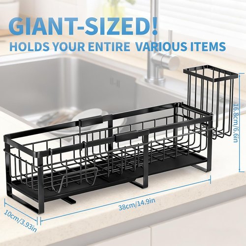Aurblozen Extra Large Extendable Sponge Holder - Rustproof Kitchen Sink Caddy Organizer | Black