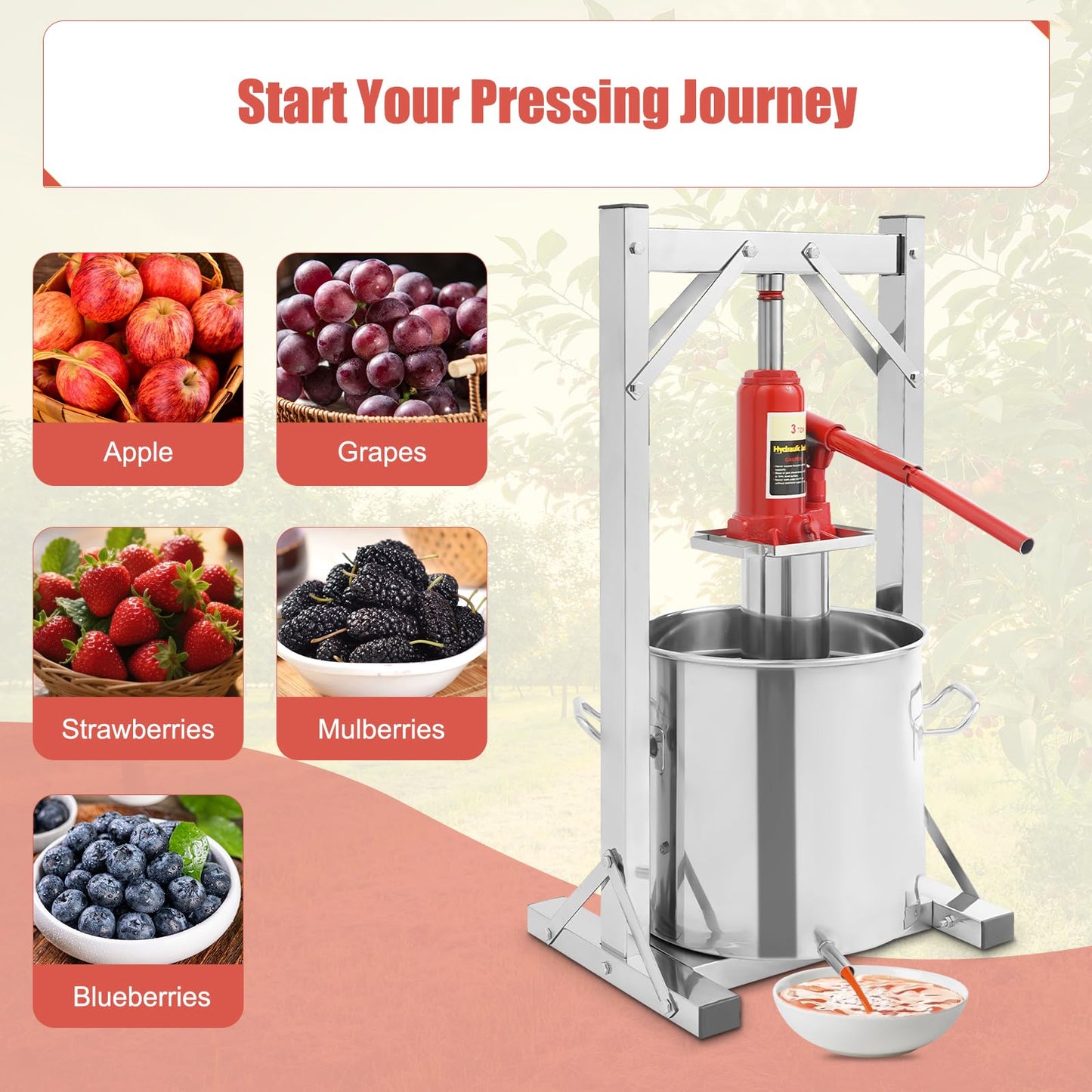 Fruit Press, 3.2 Gallon Food Grade Stainless Steel Cider Press with Hydraulic Jack Manual Grape Wine Making Supplies and Equipment Fruit Crusher for Home, Restaurants