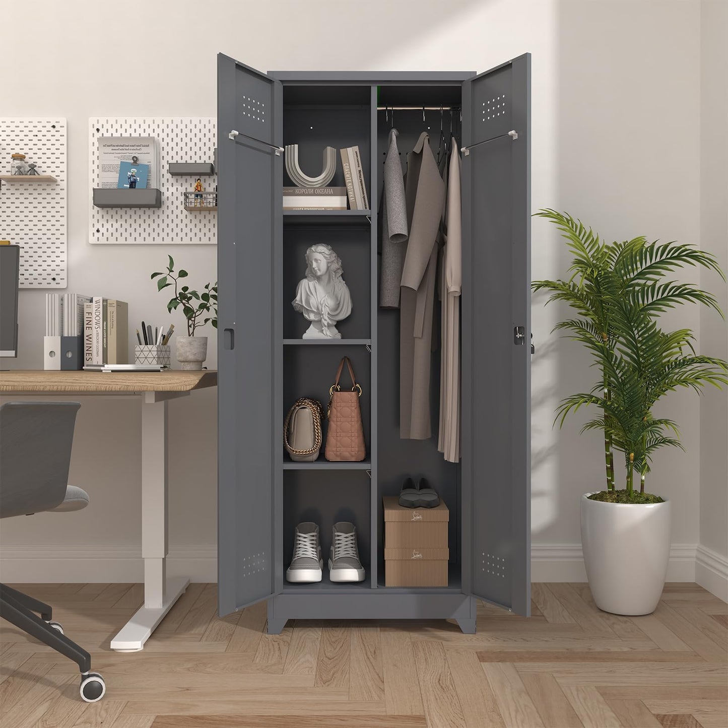 STEELIST Broom Closet Storage Cabinet, Steel Locking Cabinet with Hanging Rod, 65" Cleaning Storage with Doors and Hooks, Tall Broom Tool Cabinets for Office, Garage