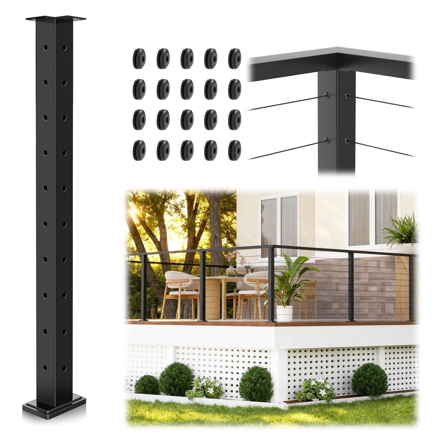 Gyykzz 36" Cable Railing Corner Post, L-Drilled Stainless Steel T304 Corner Rail Post, Upgraded Black Powder Coated One-Post Corner Solution, Wire Metal Post for Indoor Outdoor Deck Railing