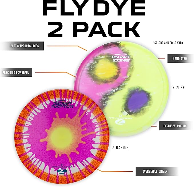 Discraft Z Fly-Dye Two Pack – Disc Golf Set | Buzzz & Nuke SS | Zone & Raptor | Sol & Avenger SS | Perfect for Men, Women, and Kids | Disc Weight, Color & Foil Will Vary