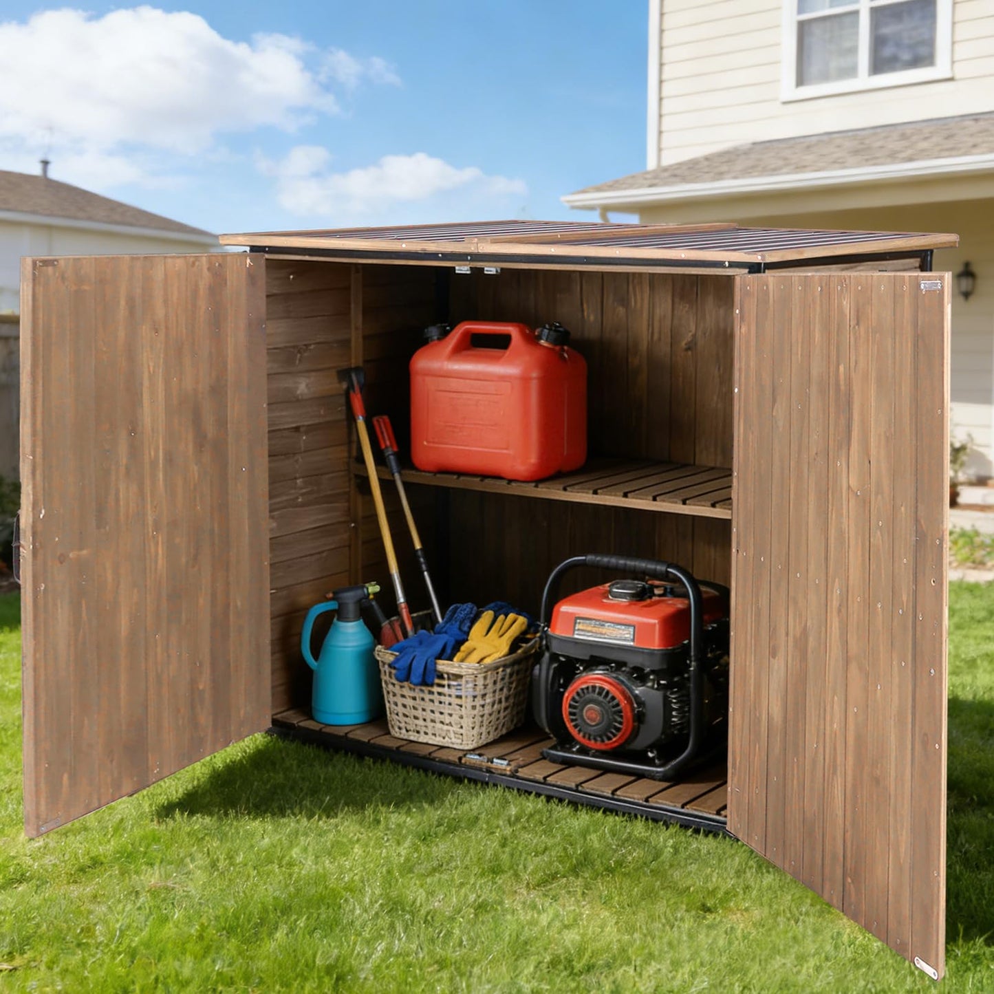 Joyqinchen Outdoor Storage Shed with Strong Metal Frame, Wooden Garden Sheds with Adjustable Shelves and Removable Floor, Weatherproof Outdoor Trash Can Shed, Horizontal Storage Cabinet for Patio