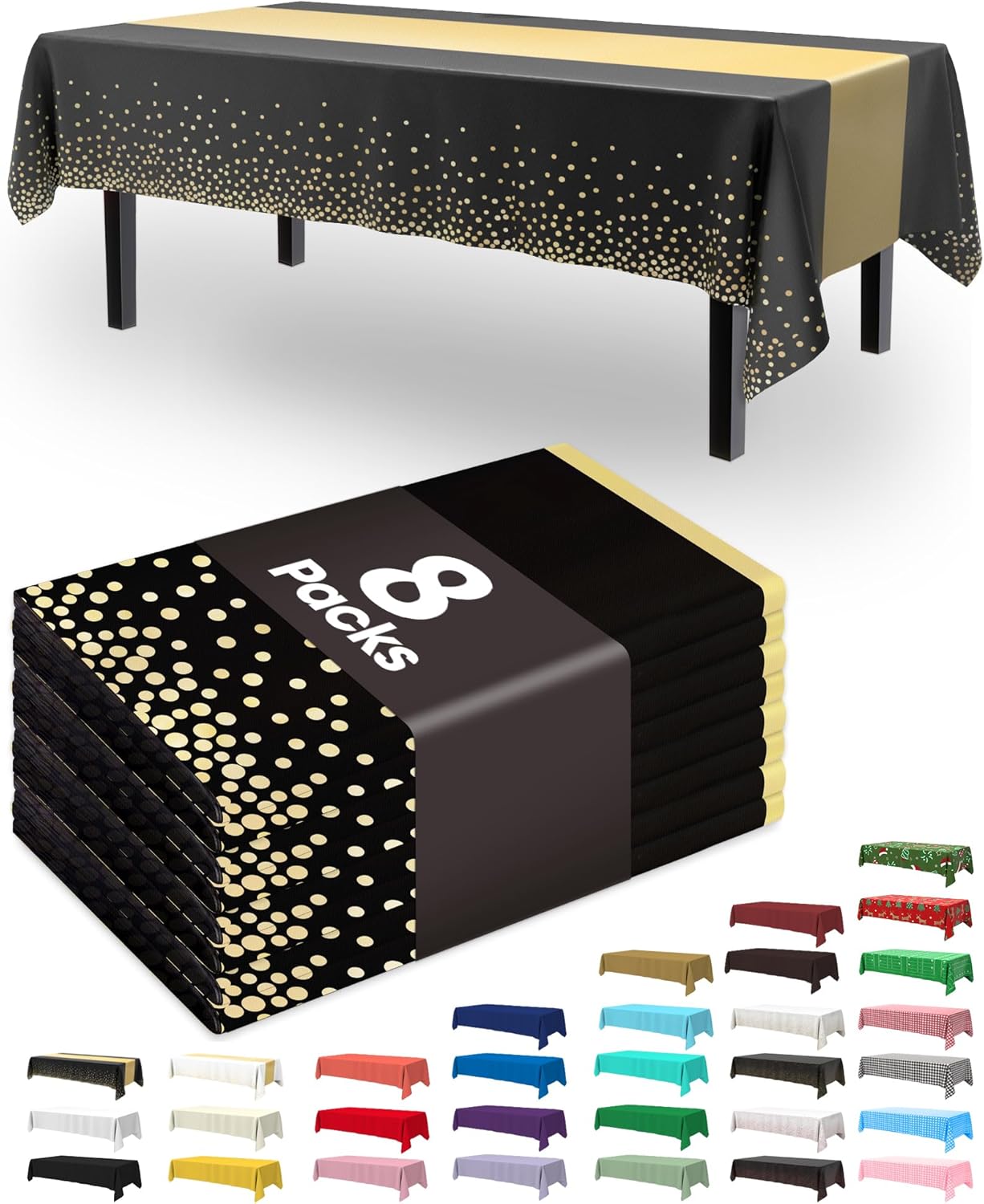 Pureegg Disposable Plastic Tablecloths - 8 Pack, 54 x 108 Inch, Leakproof & Sturdy, Black Gold for Graduation Parties