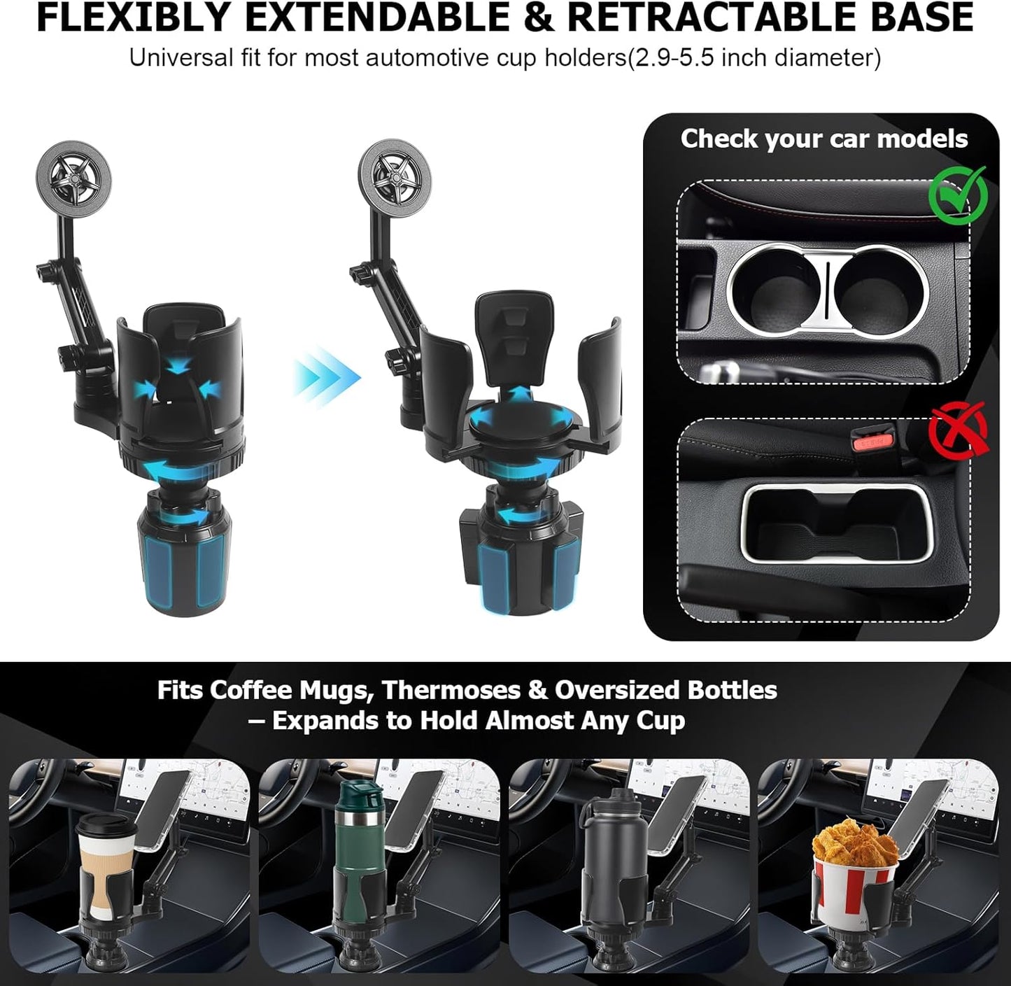 2.68-4.33" 360 N52 Frani Car Cup Holder Expander with Magnetic Phone Mount - Adjustable Insert Fits Holders, Adjustable
