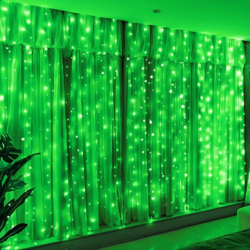 HXWEIYE 300LED Fairy Curtain Lights - 9.8x9.8Ft USB Plug-In with Remote | 8 Modes for Wedding & Bedroom Decor, Green