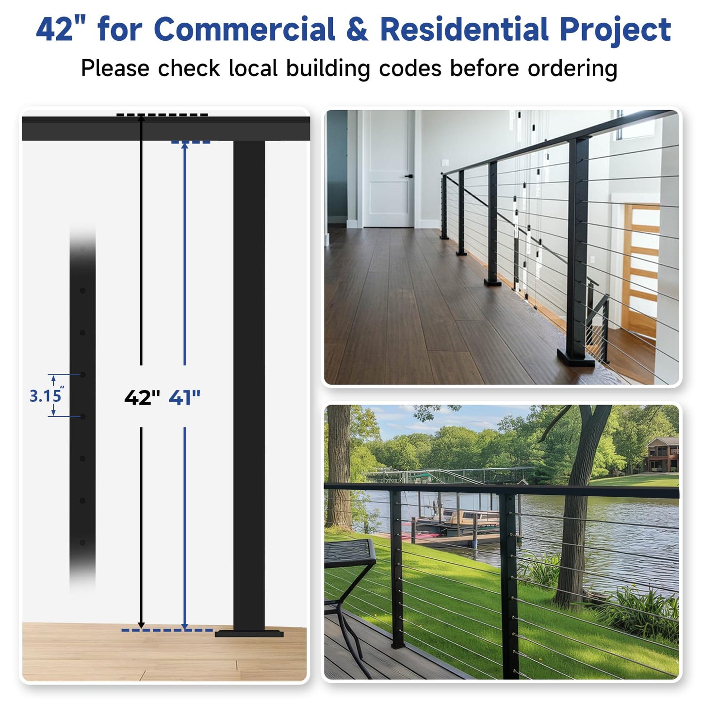 Gyykzz 42" Black Cable Railing Posts, 3 Pack Flat Top Level Drilled Railing Line Post Kit System, Stainless Steel T304 Horizontal Hole Deck Railing Handrail Post for Commercial & Residential Project