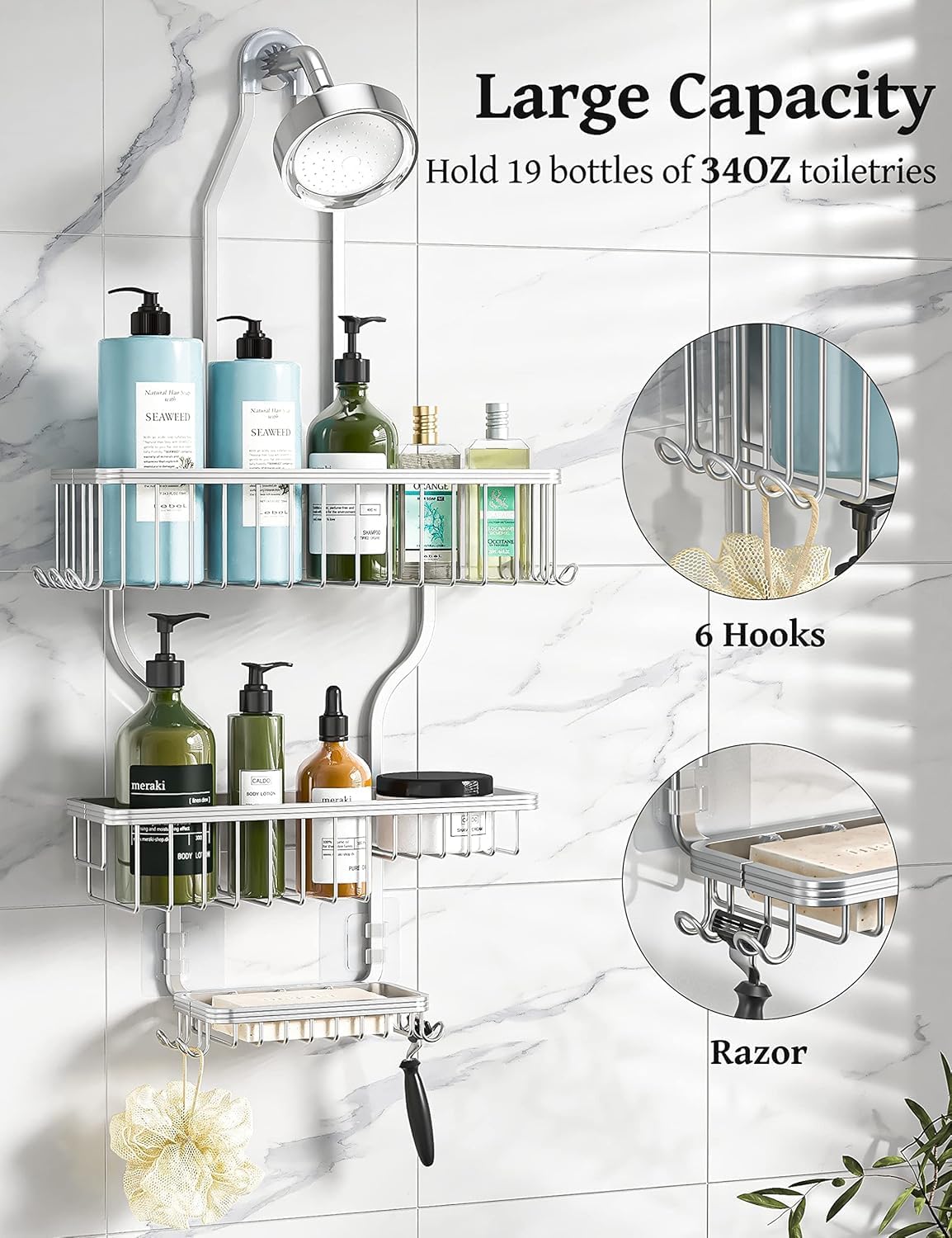 YASONIC Shower Caddy - Rust-Resistant Aluminum Organizer with 10 Hooks & Soap Basket - Silver