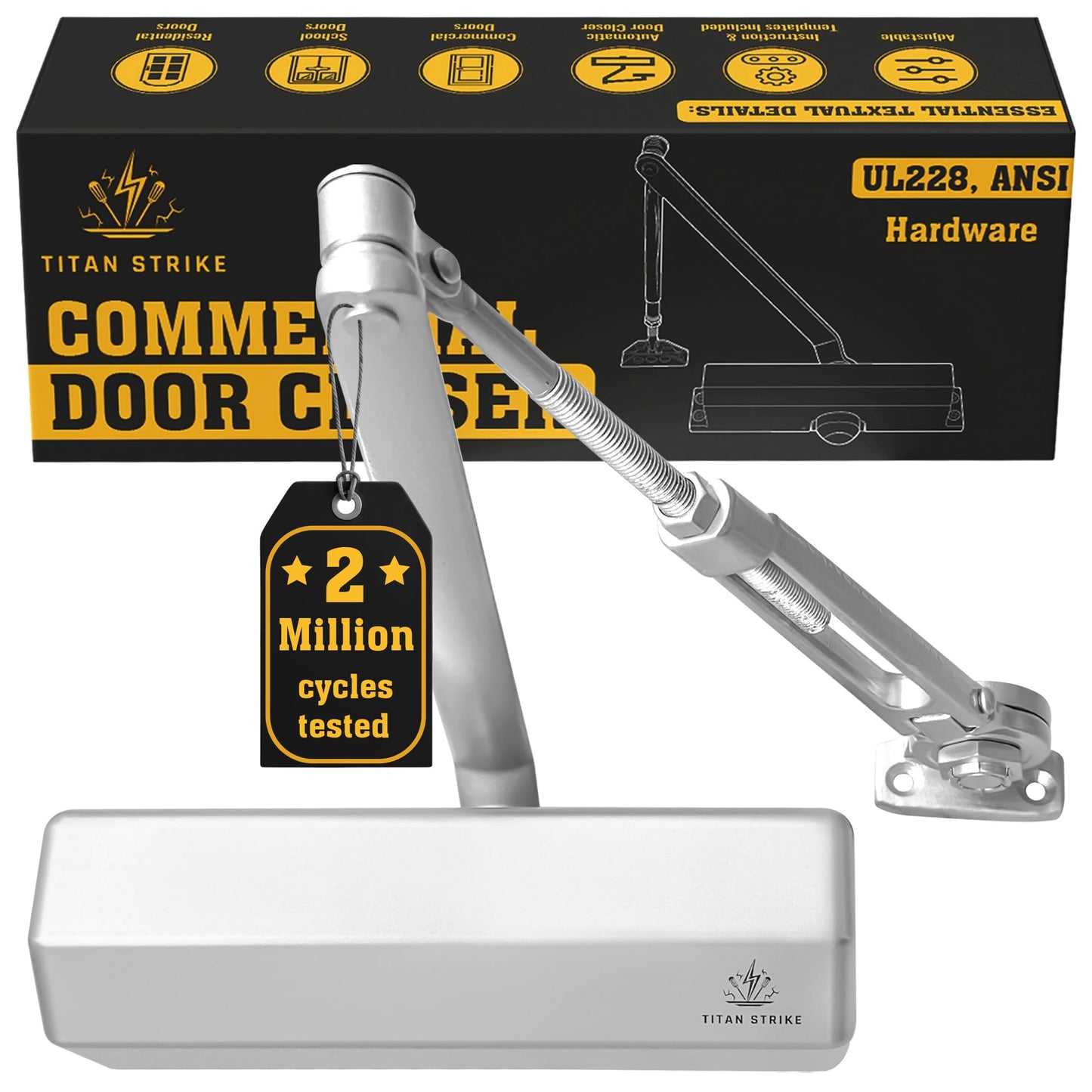 TITAN STRIKE Heavy Duty Automatic Door Closer with Hold Open, Commercial Indoor/Outdoor Adjustable Door Closure, ANSI Grade 1, UL Certified, ADA Compliant, (44-330lb, 30-60in) – Silver