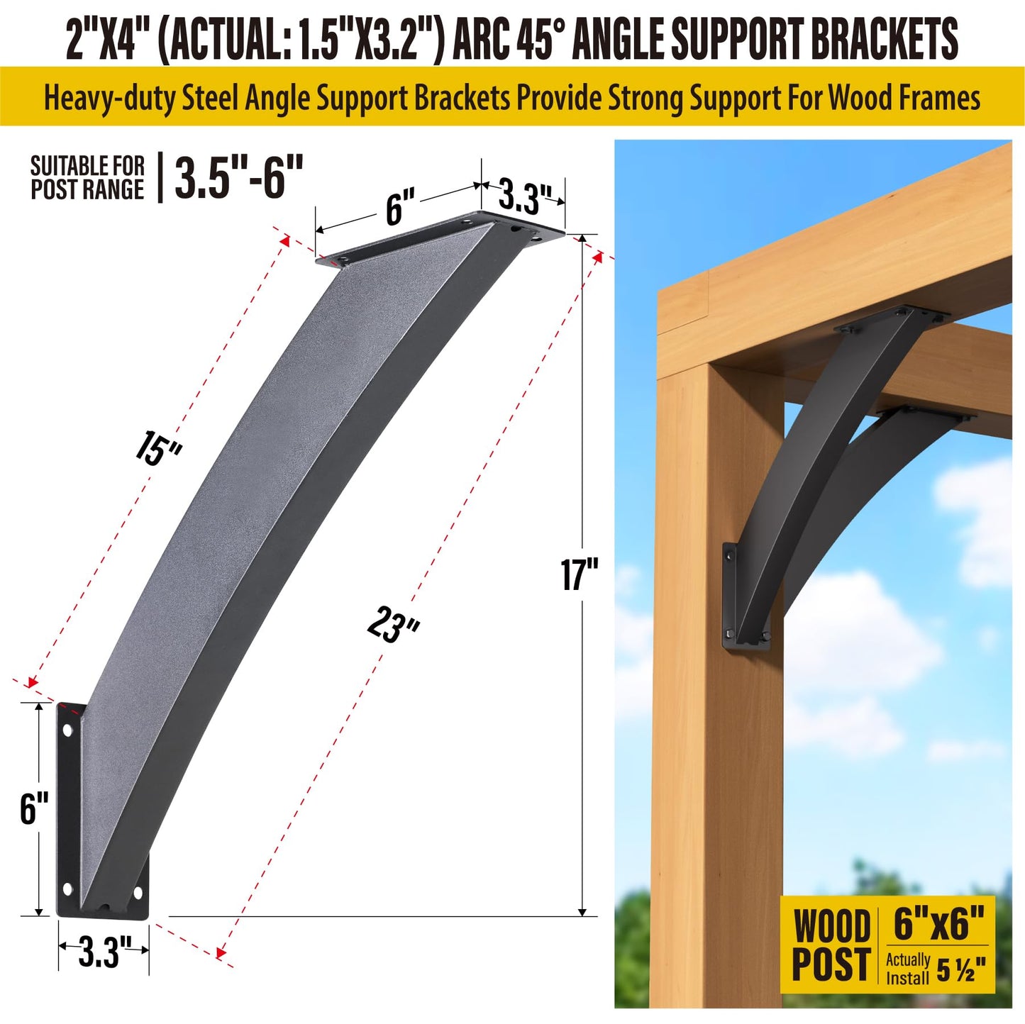 AECXM Heavy Duty 2''x4'' (Actual: 1.5''x3.2'') Arc 45° Angle Support Brackets, for gazebos, Decks, porches, Log Cabins and Other Wood Frame Degree Angle Pergola (8-Bracket)