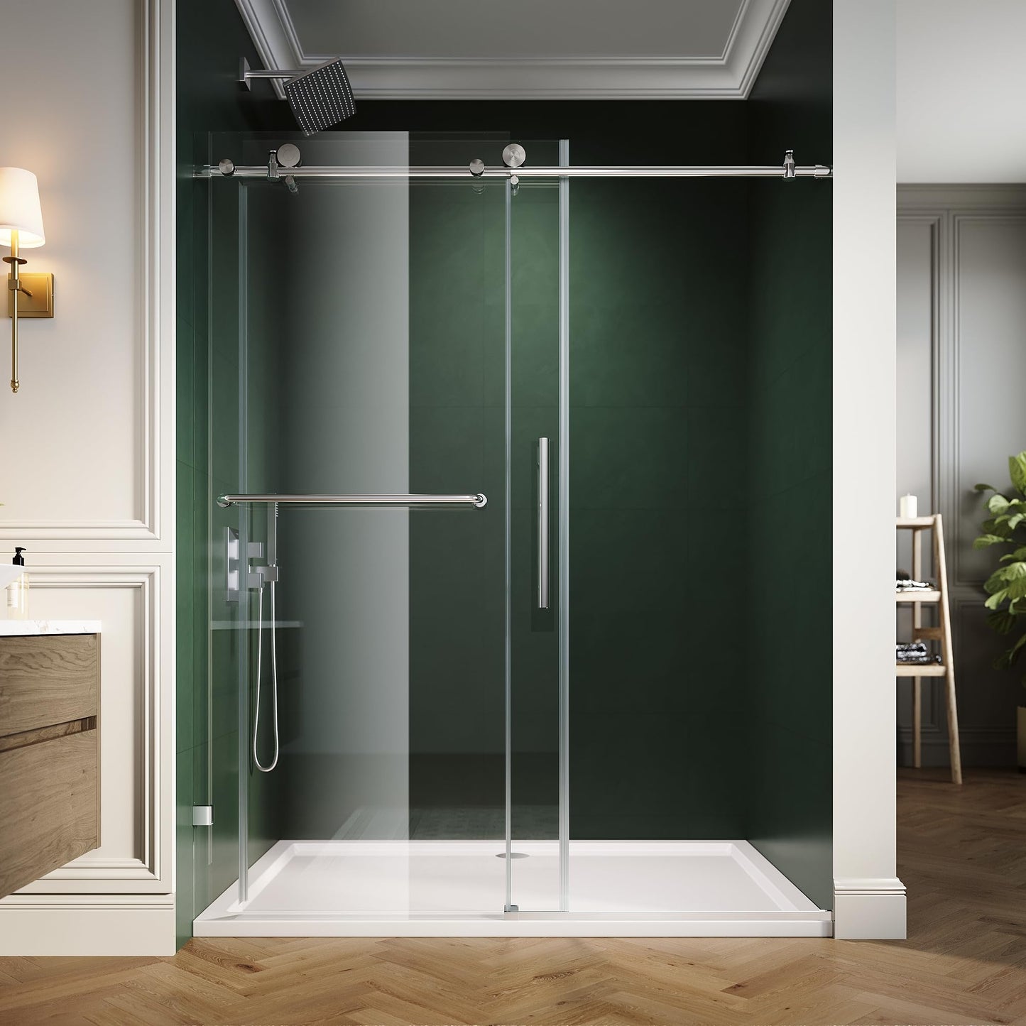 ELEGANT Frameless Sliding Shower Door 48" W x 76" H, Adjustable 44-48" Width, 5/16" (8mm) Tempered Glass, Stainless Steel Towel Bar, Chrome Finish