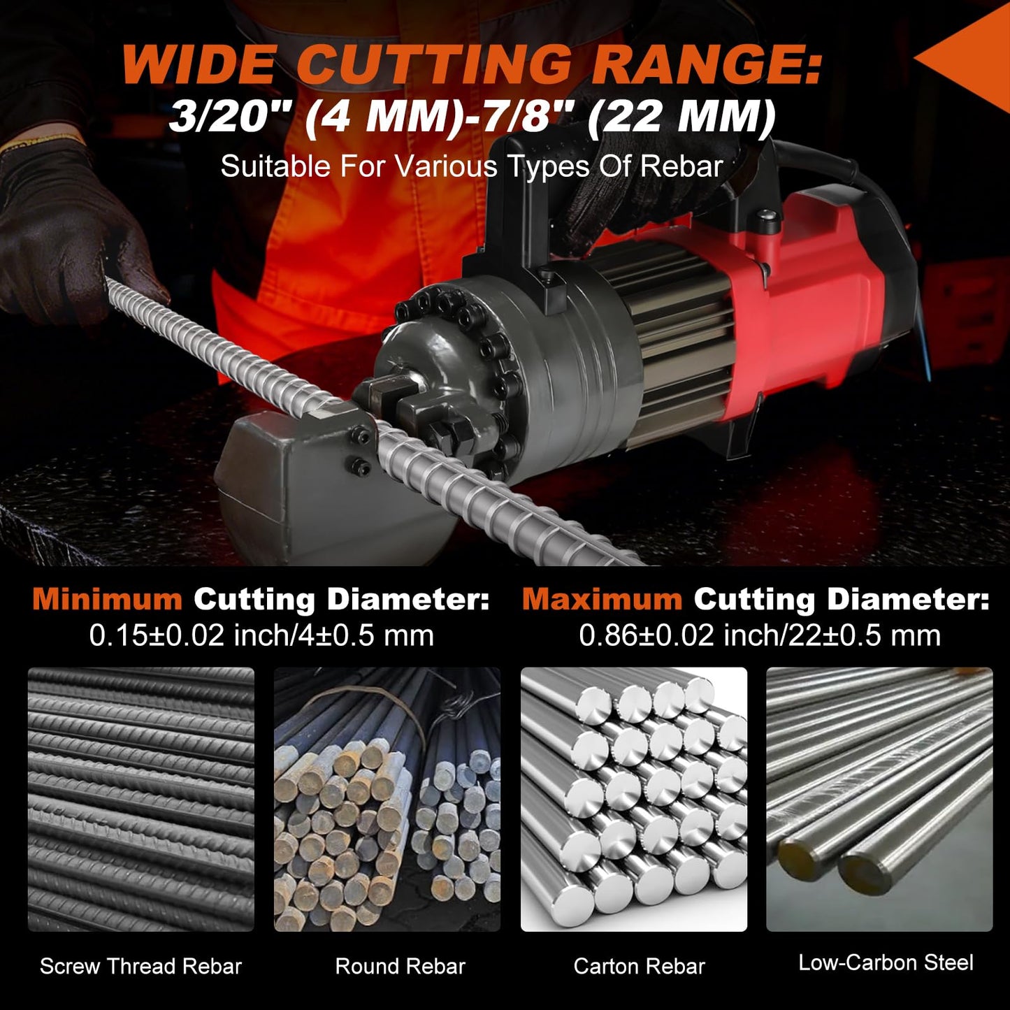 1400W Electric Rebar Cutter, 7/8" Hydraulic Portable Rebar Cutter 3-4s Cutting Speed Cuts 4-22mm #7 3/8" 5/8" up to 0.87" Rebar/Steel, RC-22,with Easy to Carry Box
