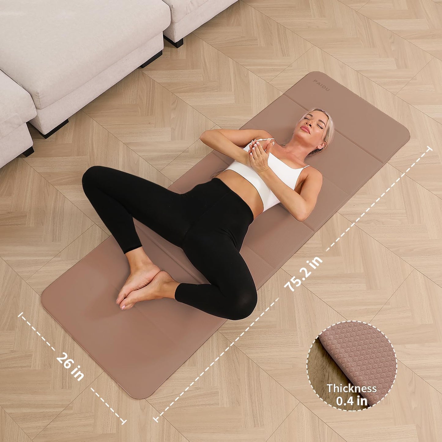 PAIDU Foldable Yoga Mat - 10mm Extra Thick, 75"26" Non-Slip Exercise Fitness Mat | SGS Eco-Certified, Portable for Yoga/Pilates/Studio/Home Workout (Brown)