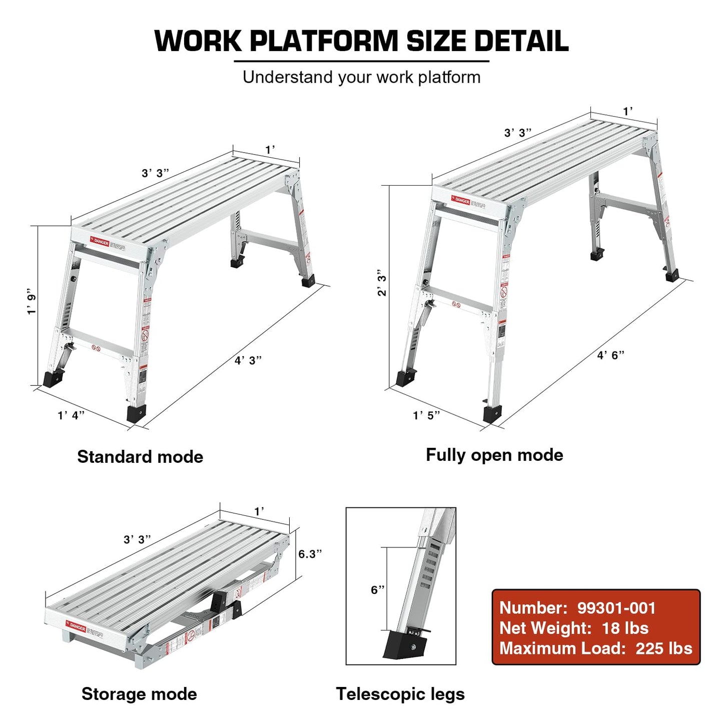 Aluminum Work Platform Height Adjustable Folding Portable Work Bench, Step Ladder Car Wash Step Stool, Telescopic Feet 22" -27.5" Height for Painting, Washing, Suitable for Home, Garage