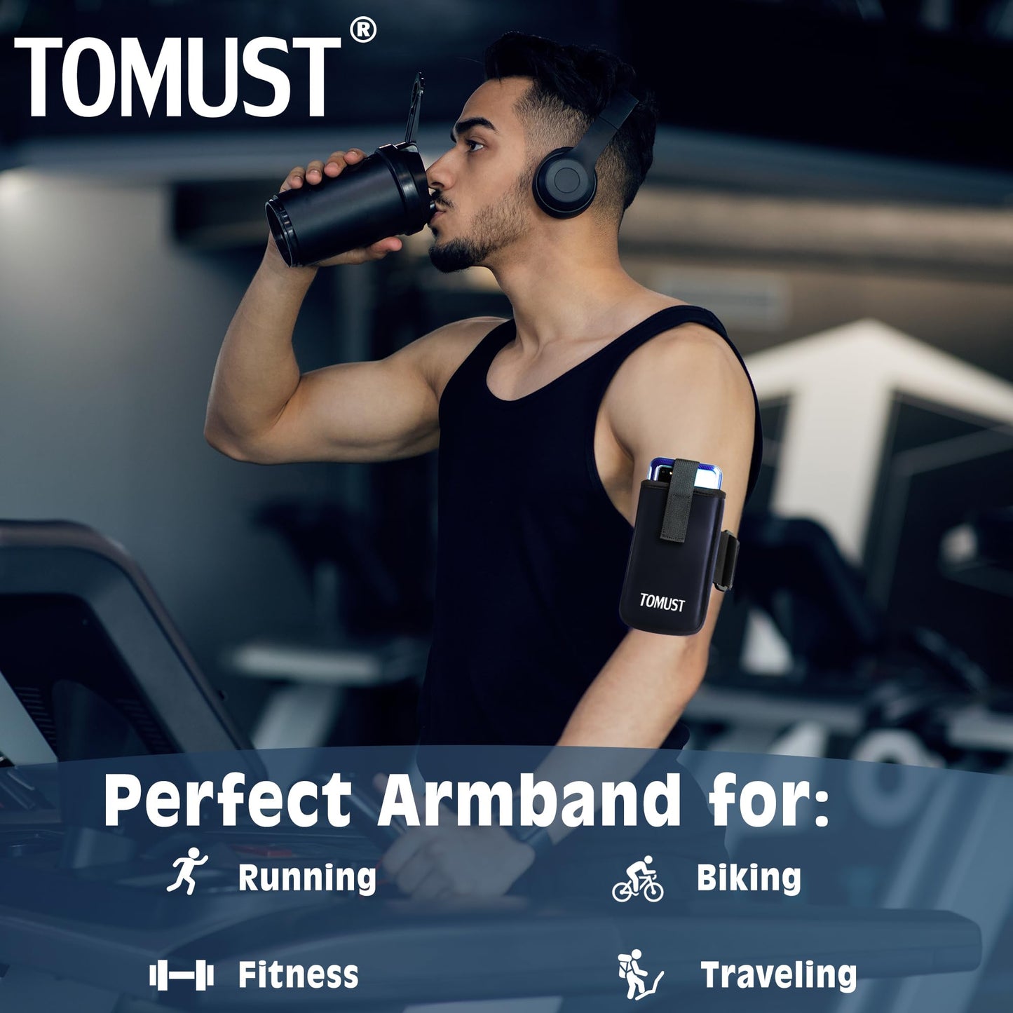 TOMUST Phone Holder with Three Strap, Lightweight Arm Band with Reflective Logo, Elastic Armband Sleeve with Case Fits iPhone and Android, Use for Running, Hiking, Fitness and Workouts, Women/Men