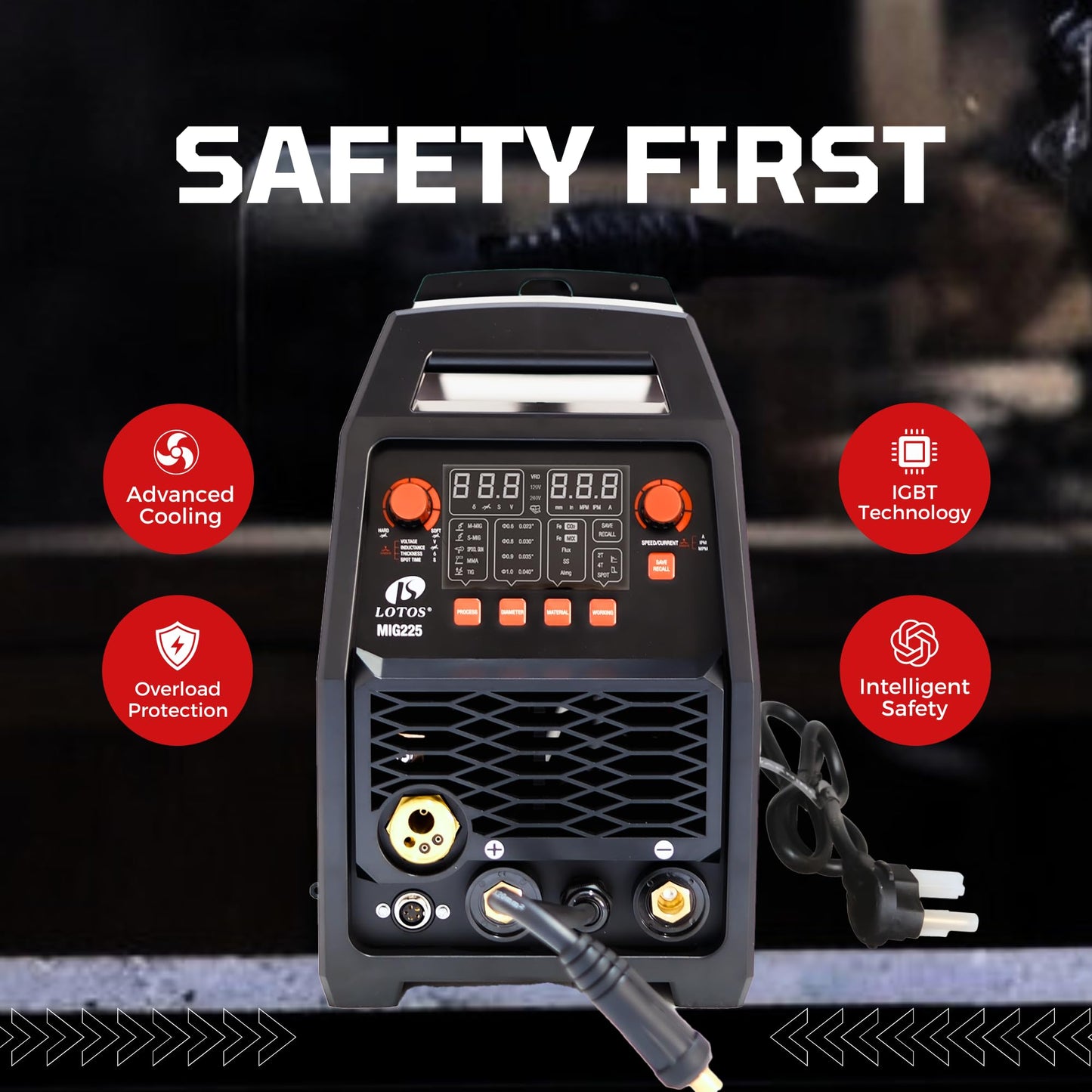 LOTOS MIG225SP MIG Welder with Aluminum Spool Gun, 225A 110/220V, 6 in 1 Gas MIG, Spool Aluminum, Gasless Flux Core, Stick, Lift TIG, Spot, Multi Process Welding Machine Auto Synergistic Setting