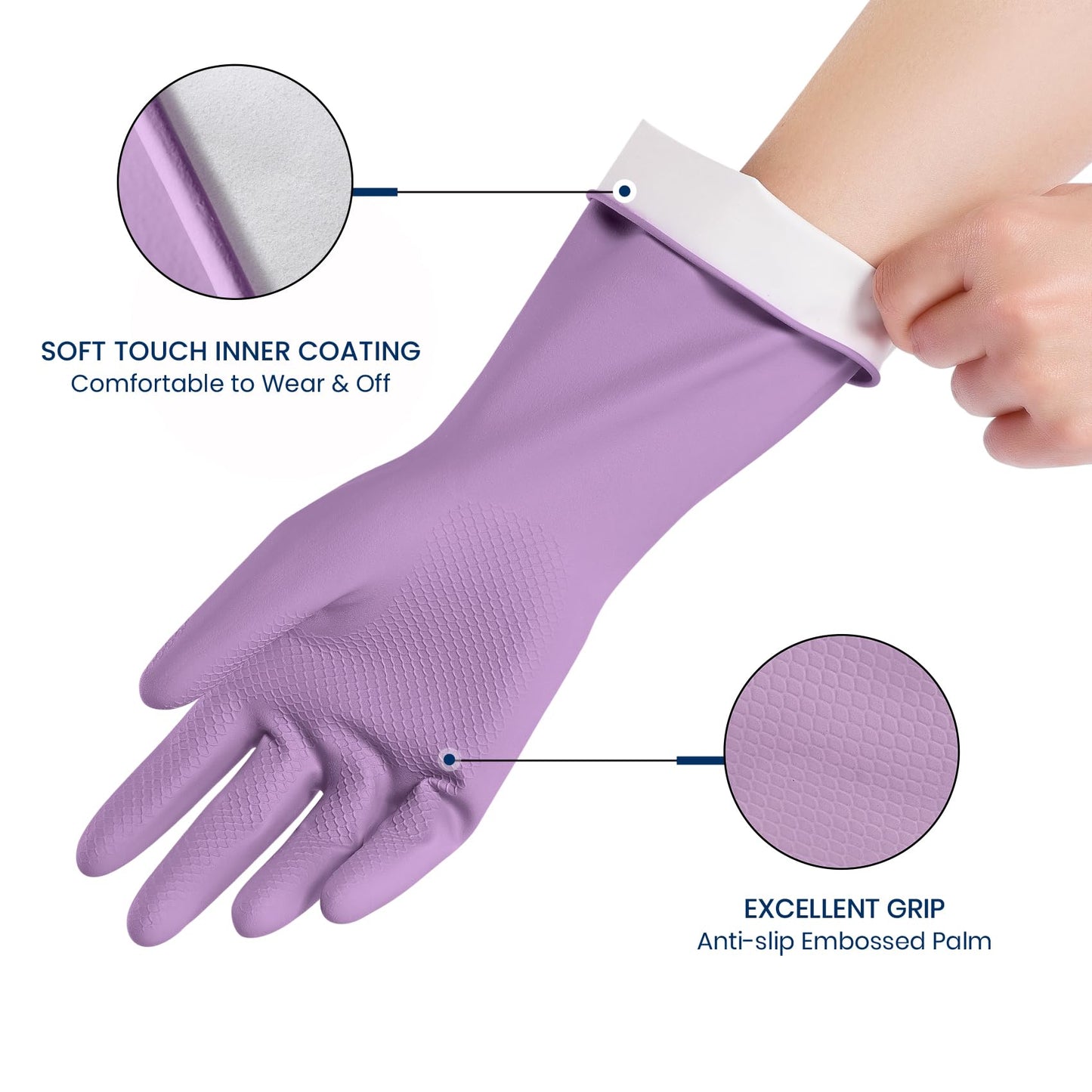 Rubber Cleaning Gloves for Dishwashing, 4 Pairs Reusable Kitchen Gloves for Washing Dishes and Household Cleaning, Purple Dish Gloves with Flocked Lining and Non-Slip Grip, Pefect for Woman Men - S