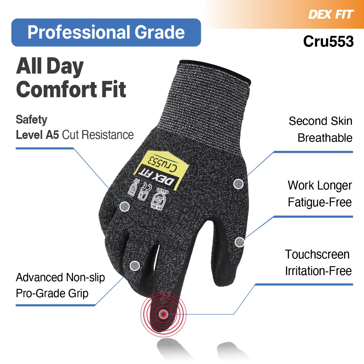 DEX FIT Level 5 Cut Resistant Gloves Cru553, 3D-Comfort Stretchy Fit, Power Grip, Professional Grade, Thin, Touch-Screen Compatible, Durable, Machine Washable; Black Gray L (9) 12 Pairs