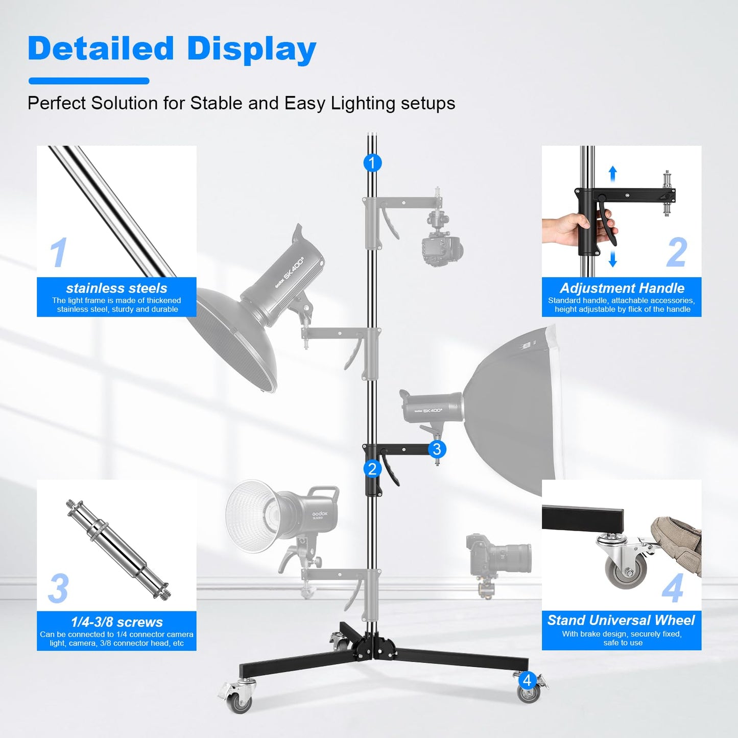 Heavy Duty Pistol Grip Stand, 2.5m/8.2ft Photography Rolling Light Stand with Casters & A Sliding Arm Max Loading: 20kg/44lb Stainless Steel for Photography Studio Monolight Softbox