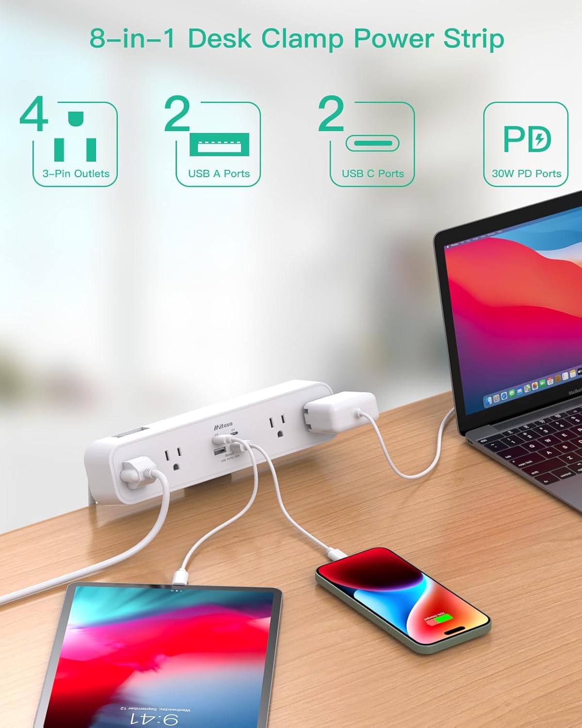 Mifaso PD30W 5Ft 4 4 (2 Desk Clamp Power Strip, Desktop Mount Surge Protector, Fast Charging Station, Extension Cord
