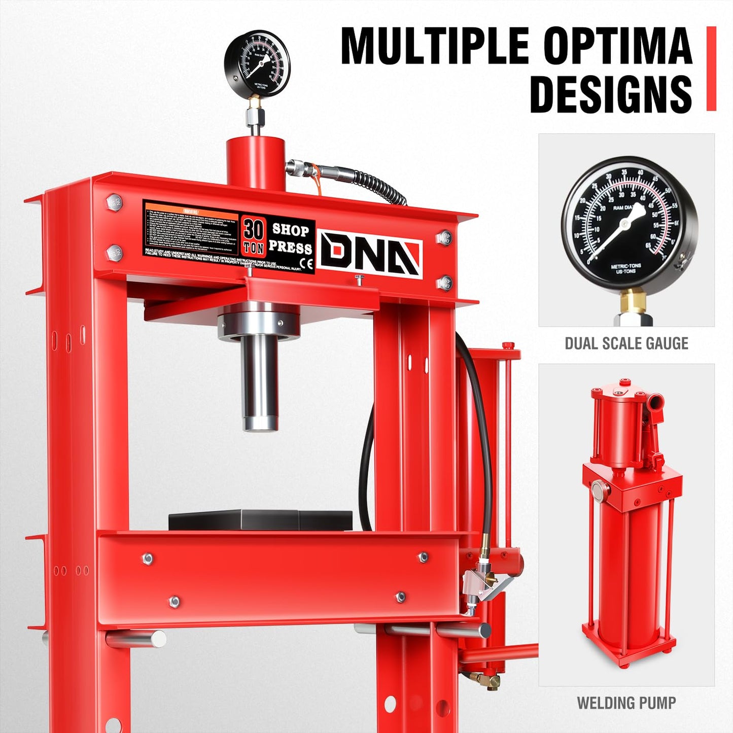 DNA Motoring 30 Ton Air Hydraulic Shop Press with Plates, H-Frame Garage Floor Press, 30T / 66139lbs, Adjustable Working Table Height, TOOLS-00292, Red