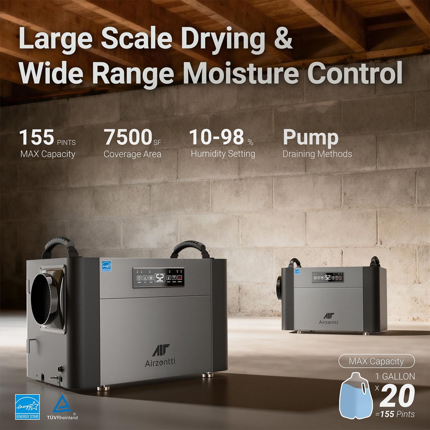 Airzentti 155 Pints Commercial Dehumidifier for Basement with Pump and Drain Hose, Large Space Dehumidifier for Crawl Space, Attic, Garage, Home, Industrial, Water Damage, Auto Defrost, Energy Star