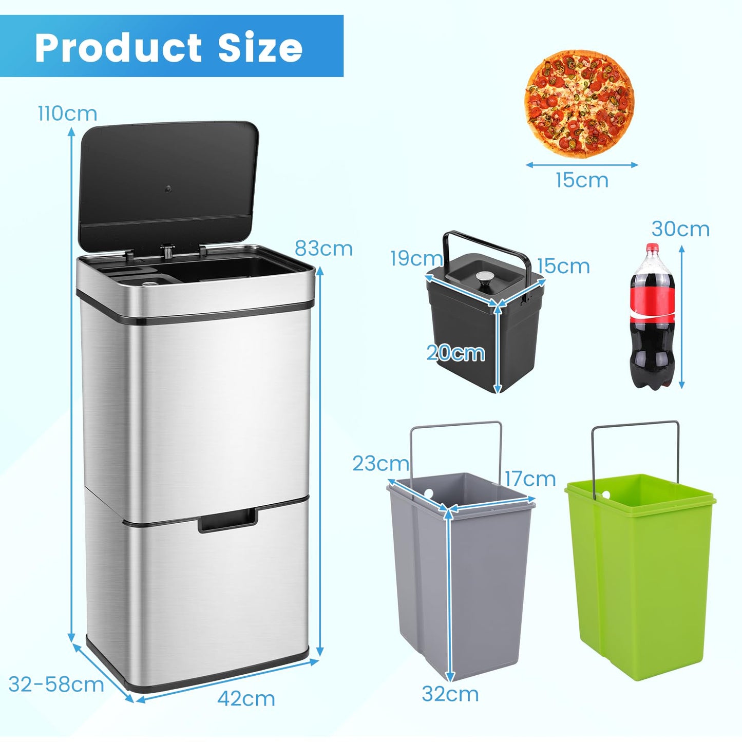 DORTALA 19 Gal Kitchen Trash Can, Infrared Motion Sensor Garbage Can with 2 Recycling Dustbin, Removable Inner Buckets, Stainless Steel Frame, Trash Bin with Soft-Closing Lid, Battery Operated