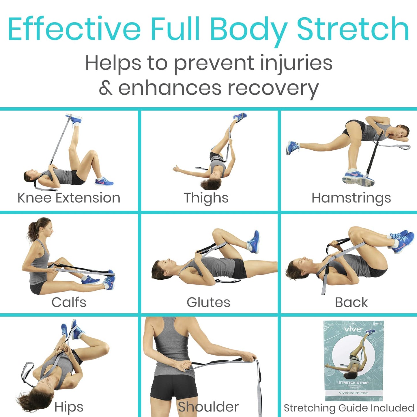 Vive Stretch Strap (75" - 10 Loops) - Leg Stretch Band to Improve Flexibility - Stretching Out Yoga Strap - Exercise and Physical Therapy Belt for Rehab, Pilates and Gymnastics with Guide Book