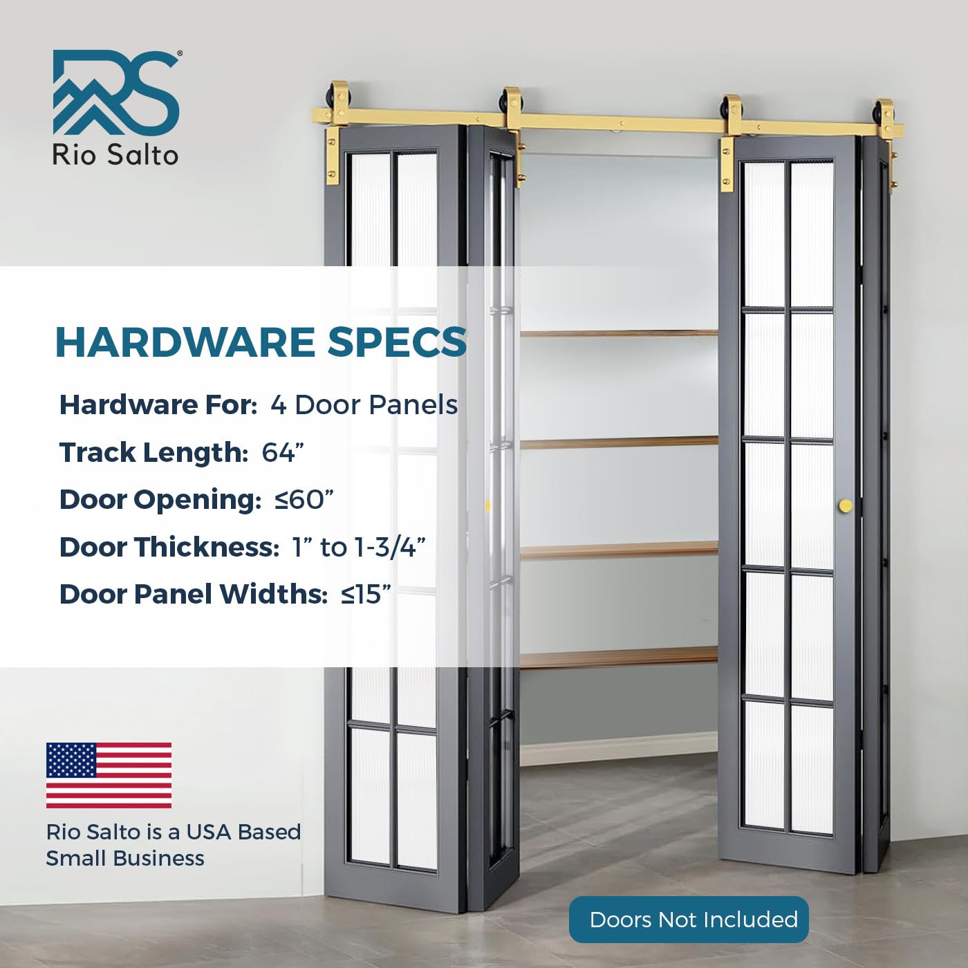 Rio Salto Gold Bifold Barn Door Hardware Kit 64" Closet — Contractor Grade Heavy Gauge Aluminum Sliding Bi Fold Track System for (4) 15" Panels, 4 Rollers with Matching Knobs (Hardware Only)