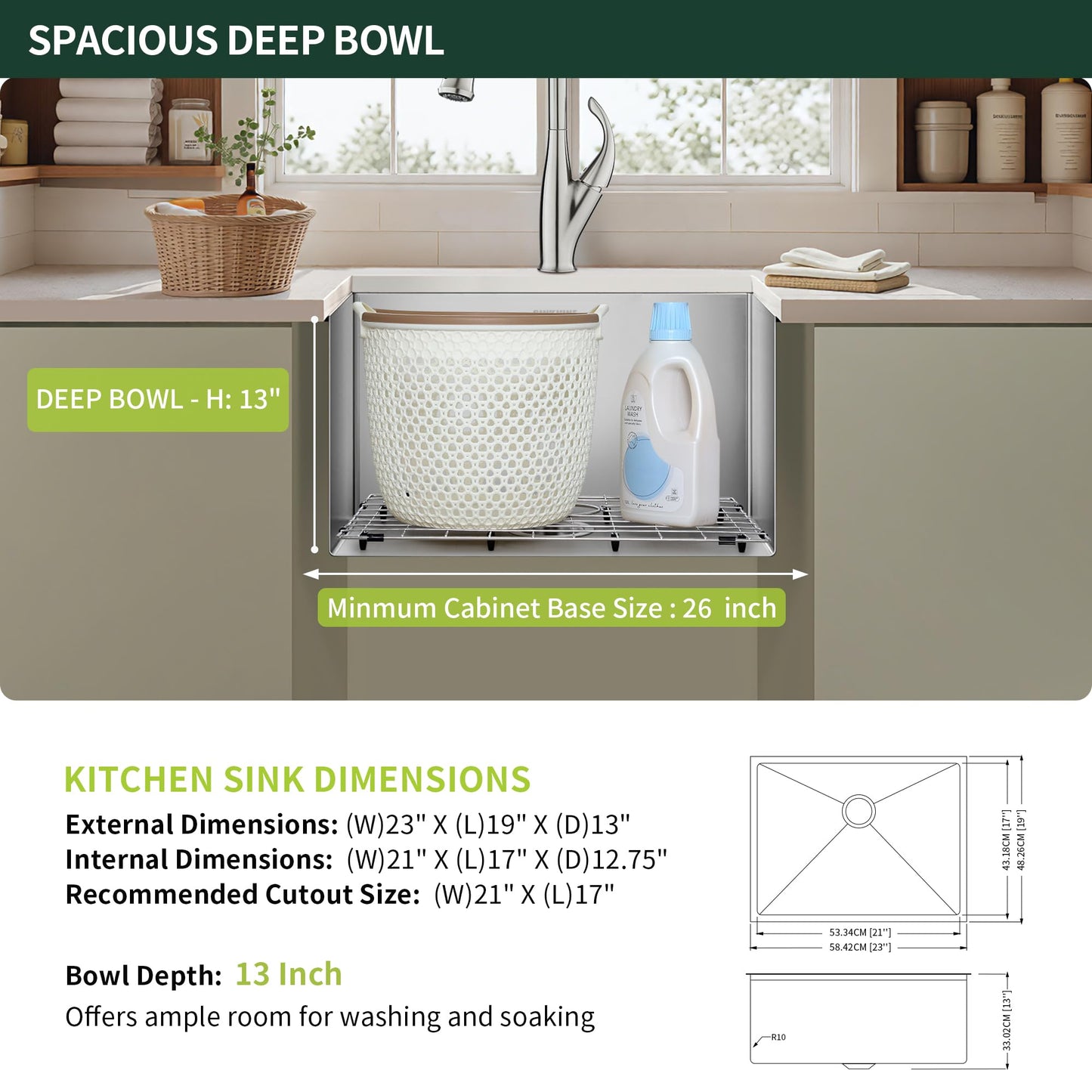 SINKVINE 23-inch Undermount Laundry Utility Sink - 23x19x13 Extra Deep Stainless Steel Single Bowl Basin with Drain Strainer, Bottom Grid & Drying Unit for Laundry Room, Outdoor, Garage, Kitchen Use