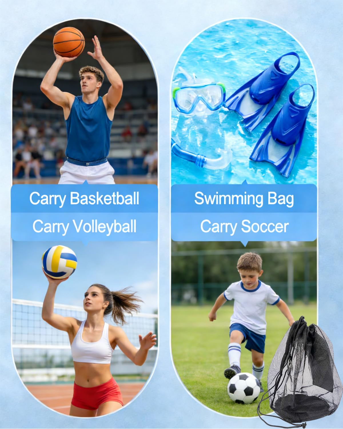 LHWINYI 2Pcs Single Mesh Ball Bag for Basketball Soccer & Volleyball, Lightweight Net Storage with Zipper Pocket for Sports, Portable Drawstring Bags with Hanging Clip for Men, Women & Athletes, Black