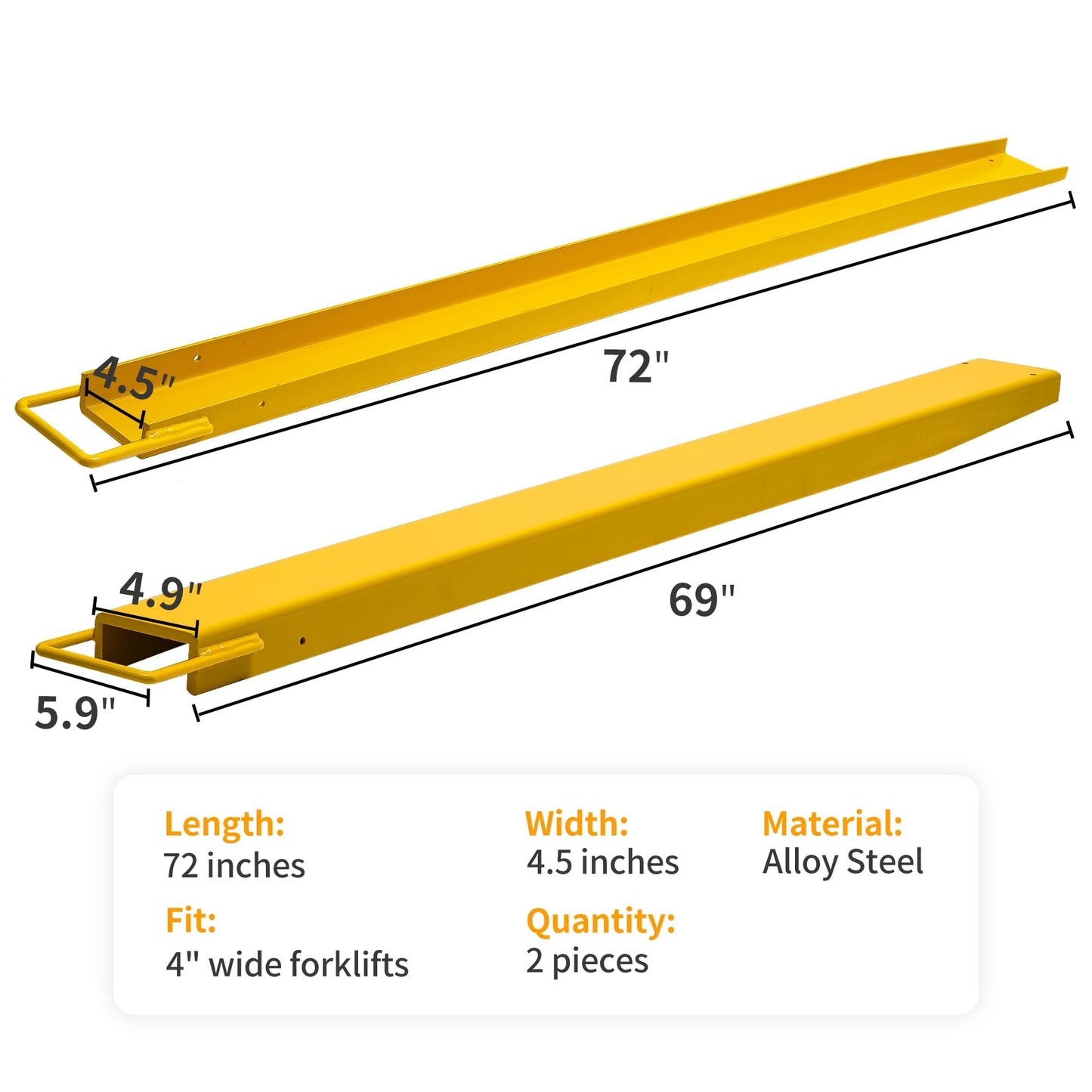 YINTATECH Forklift Extensions 4.5in Width, Heavy Duty 72 Inch Pallet Fork Extension for Forklift Truck, 1 Pair Forklift Extensions Fits for 4" Wide Fork