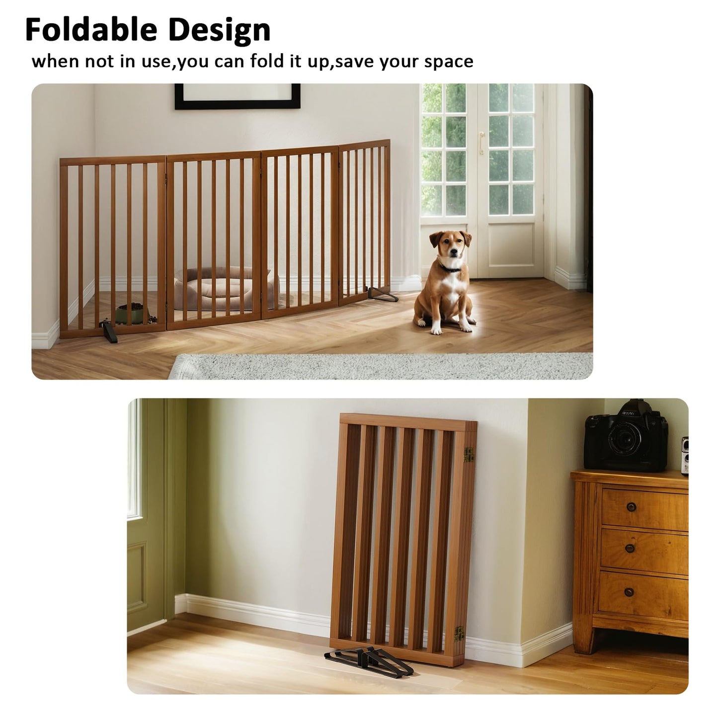 Mino Kesper Dog Gate 32" Tall Foldable Dog Gate for Doorways Freestanding Pet Gate for Dogs Indoor (Walnut, 4 Panel)