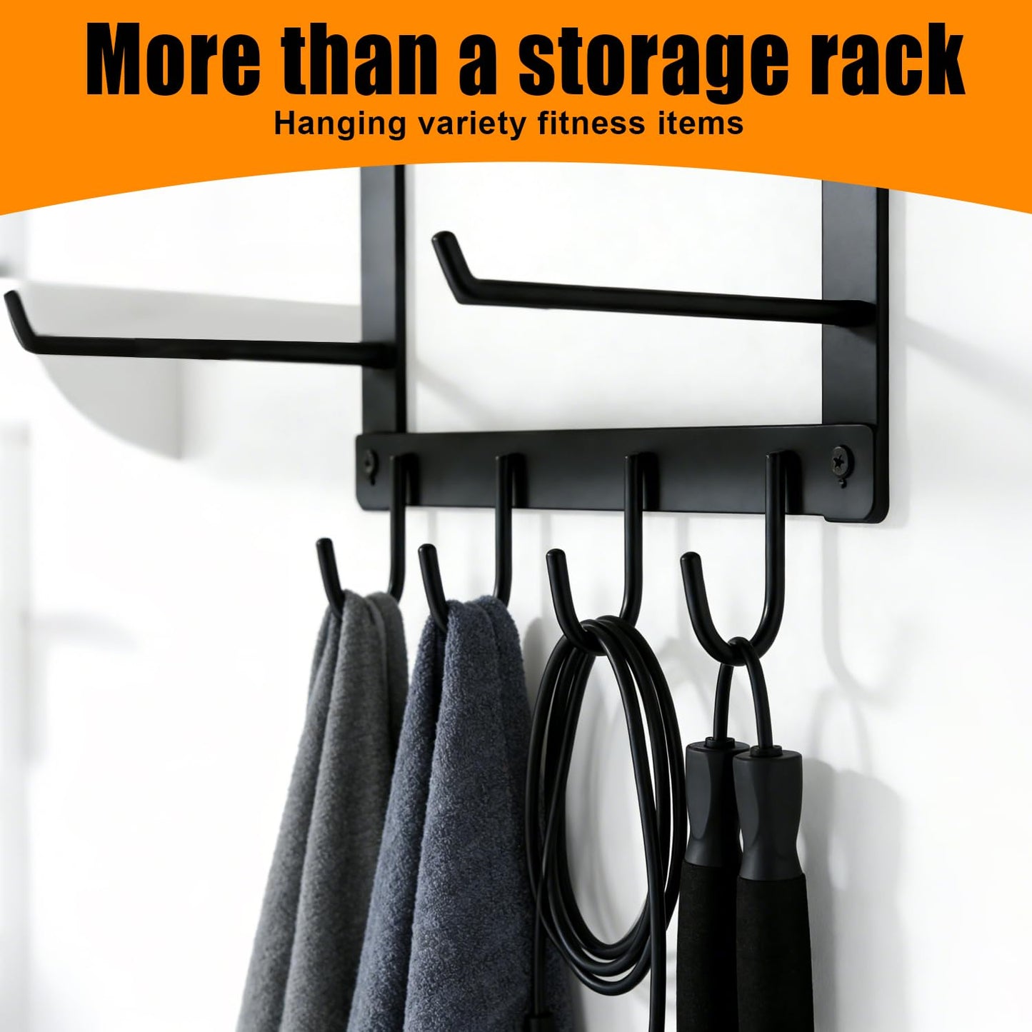 LFIPYM Black Wall Mount Yoga Mat Holder with Floating Shelf & 5 Hooks, Home Gym Storage Rack for Yoga Mats, Foam Rollers and Resistance Bands, Metal