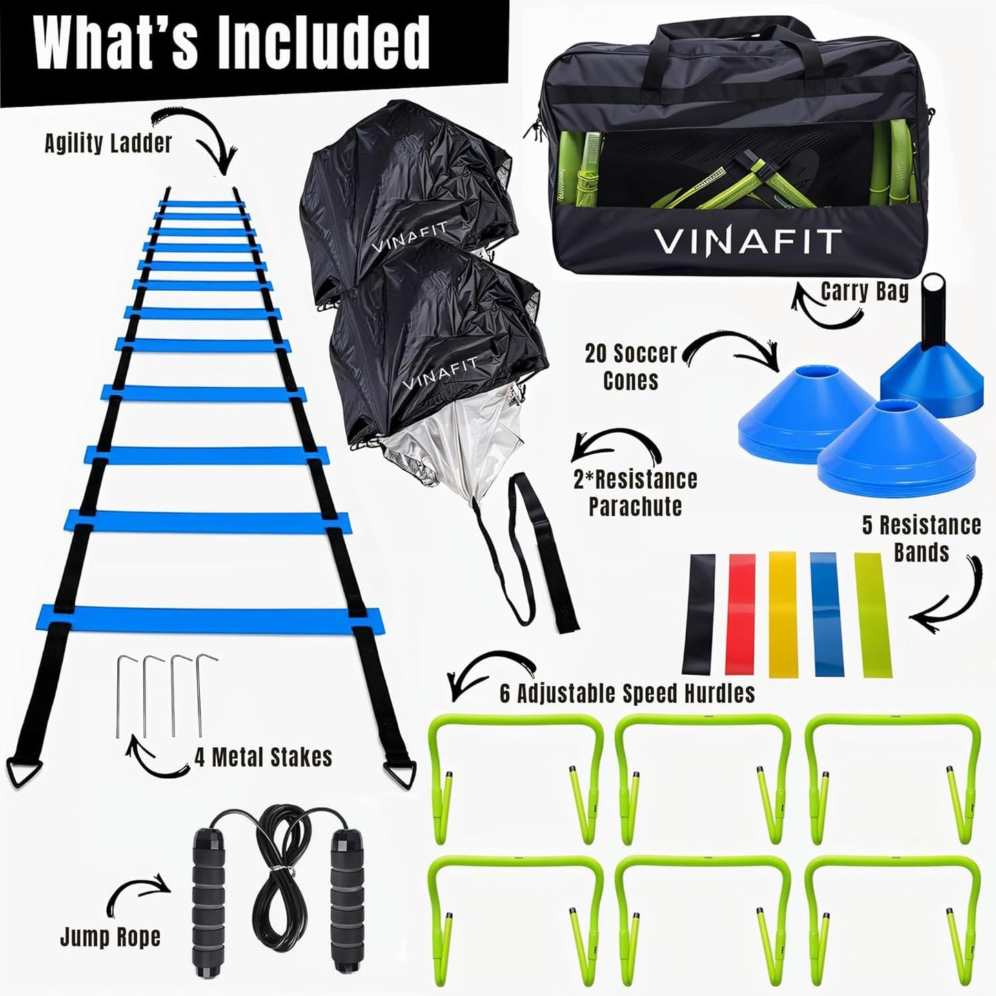 VINAFIT Complete Agility Ladder Training Set - 20ft Speed Ladder, 6 Adjustable Hurdles, 20 Cones, 5 Resistance Bands, 2 Speed Training Parachutes, Jump Rope, Nylon Carry Bag & Stakes