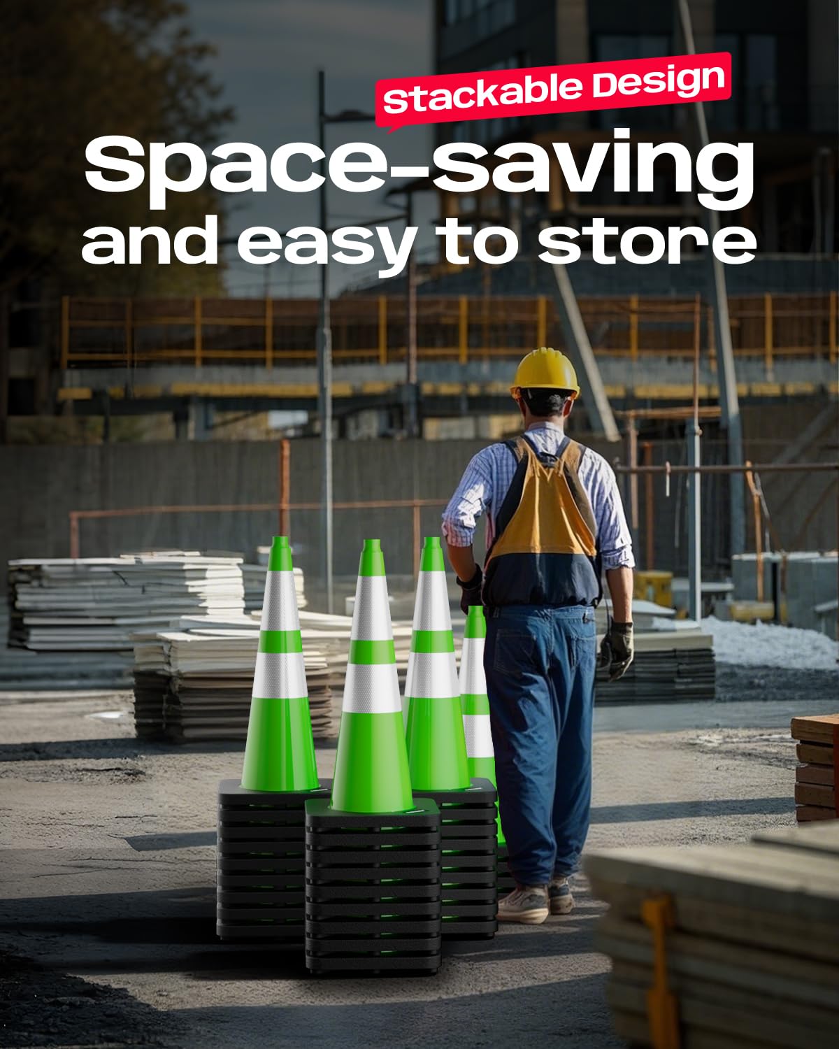 BATTIFE Traffic Cones with Black Weighted Base, PVC Safety Cones for Traffic Control, Construction Events, Driveways, and Parking Lots (28 Inch, Green, 6 Pack)