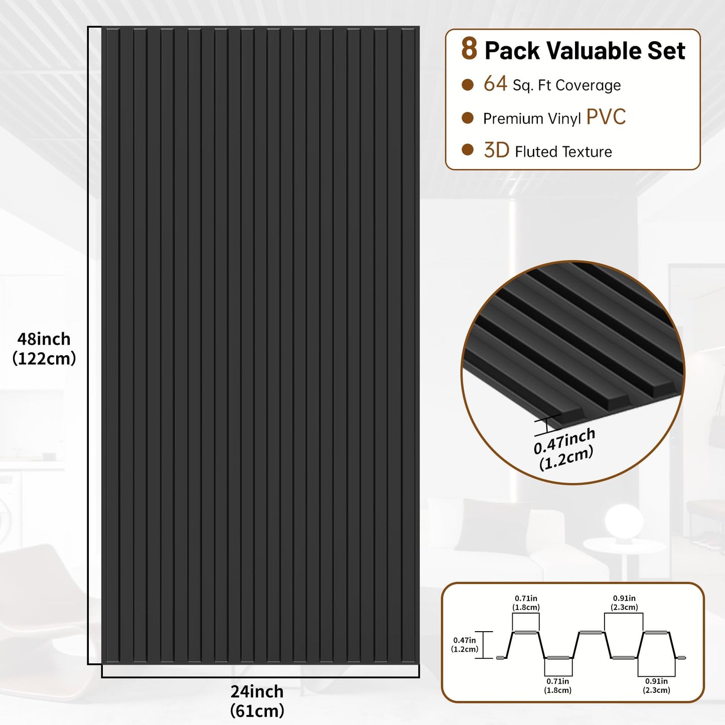 RITOLLO 8-Pack PVC Slat Wall Panels for Interior Wall Decor, 24x48in 3D Fluted Panels, 2x4 FT Cuttable Drop Ceiling Tiles for Bathroom, Studio and TV Background, Water-Proof & Renter-Friendly(Black)