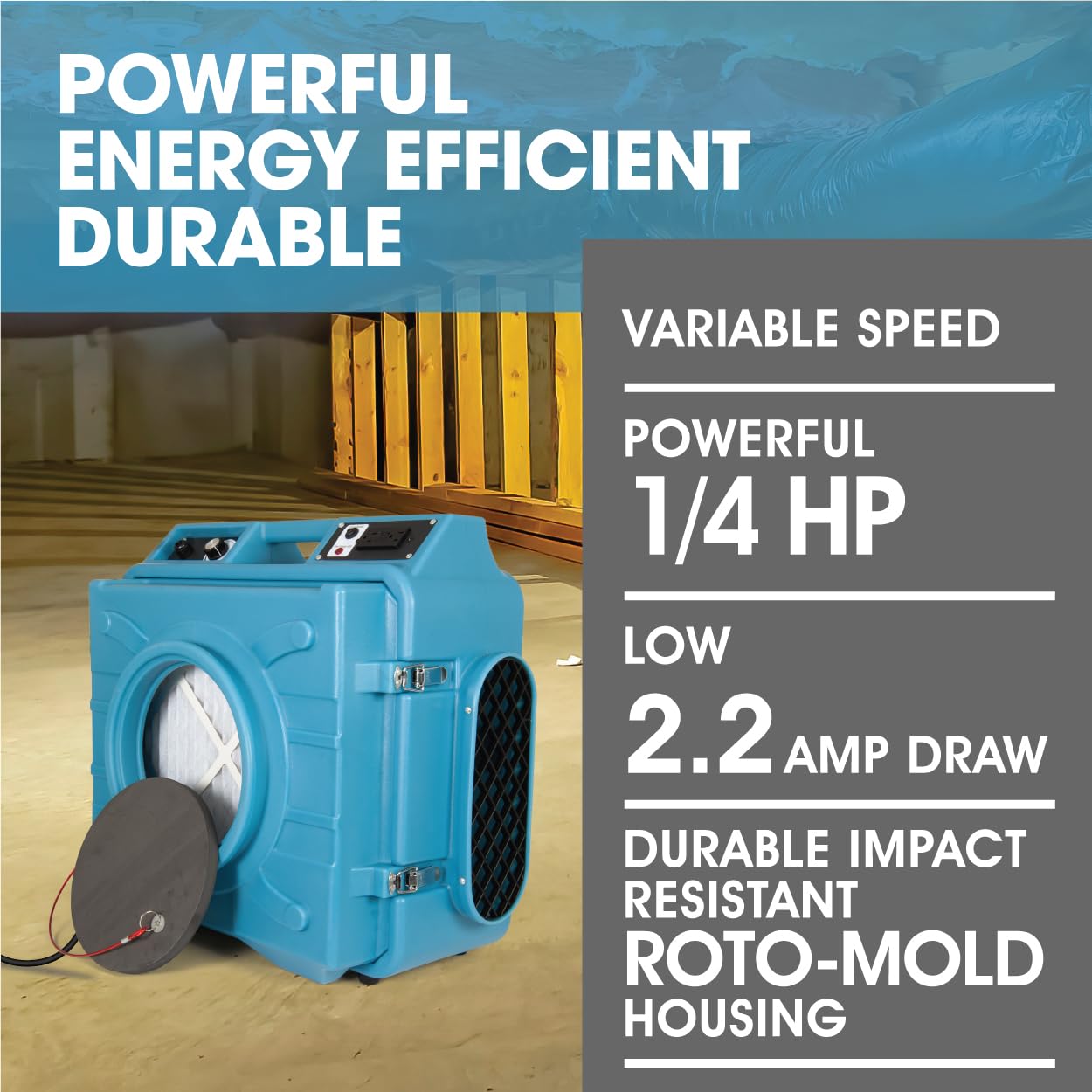 PURAERO HEPA Air Scrubber with GFCI Outlets for Daisy Chain | 1/4 HP, 675 CFM, 2.2A | Water Damage Restoration, Grow Rooms | PA-600-HAS | Blue