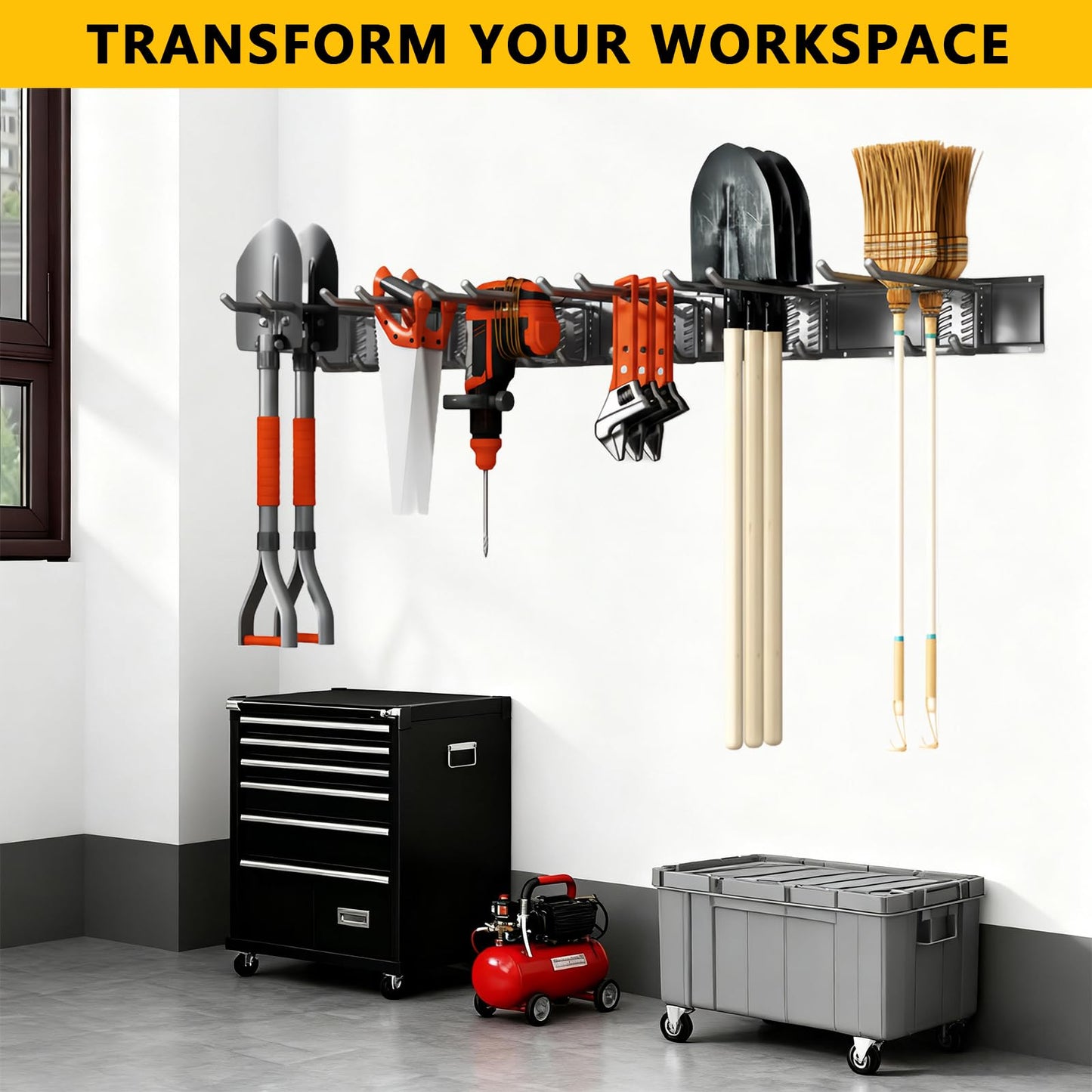 Tebgeag Garage Tool Organizer Wall Mount, 48inch Heavy-Duty Garage Storage System and Garden Tool Organizer with 6 Adjustable Double Hooks for Shovel, Snowboard, Yard Tools and Shed