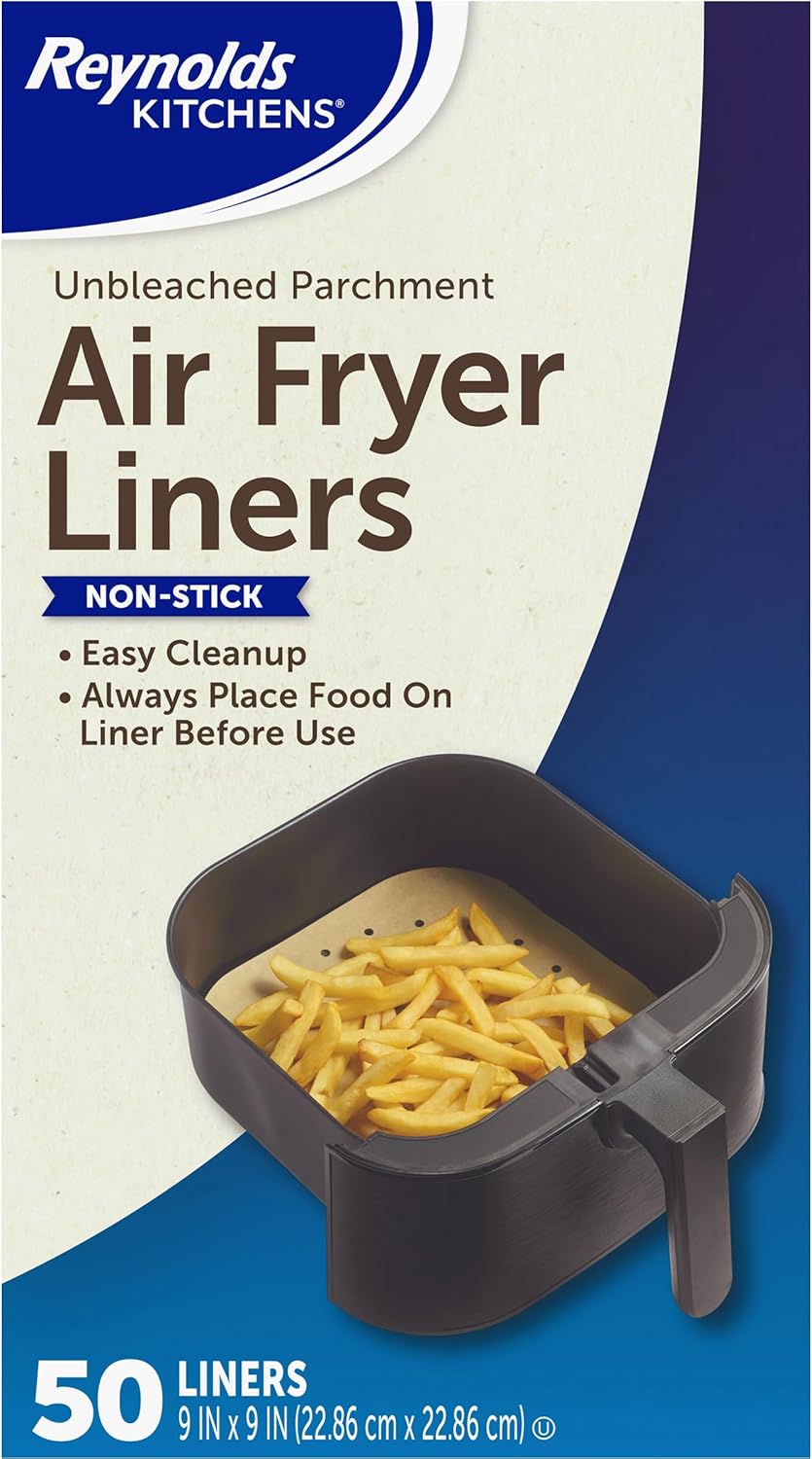 Reynolds Kitchens Air Fryer Liners - Disposable Unbleached Parchment Paper Sheets | 50 Count