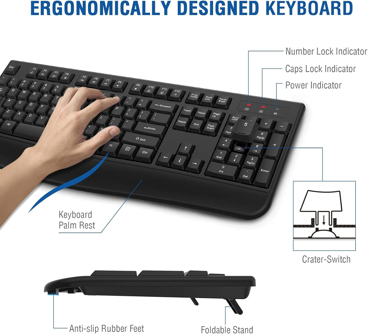EDJO 2.4G Wireless Keyboard, Ergonomic Full Size Wireless Computer Keyboard with Wrist Rest for Windows, Mac OS