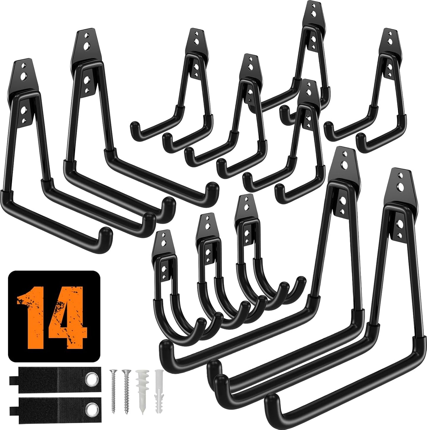 QcoQce Heavy-Duty Garage Hooks - 14 Pack with 2 Extension Cord Straps | Wall Mount Tool Hangers for Bikes, Ladders, and Garden Tools