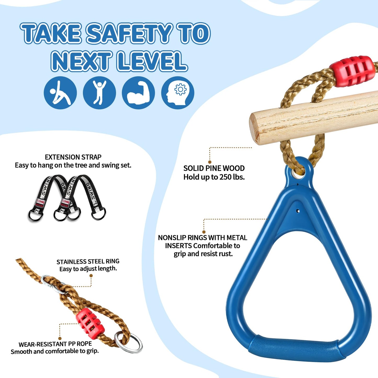 LadyRosian Wooden Trapeze Swing Bar, Adjustable Height Swing Set, Gym Rings, Playground Attachments, 16.5" Monkey Bar for Backyard, Playground, Playroom (Blue)
