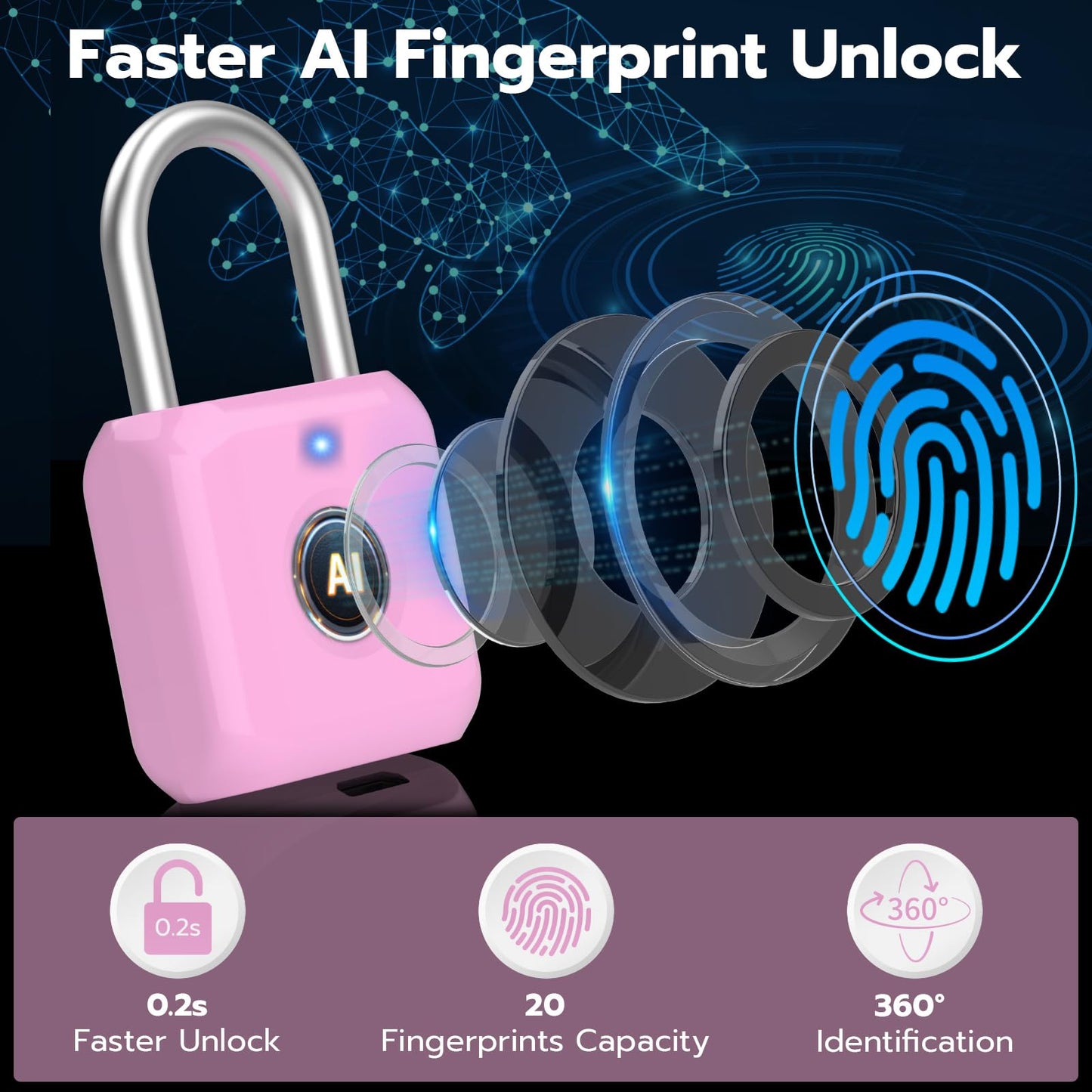 Fingerprint Padlock,Smart Padlock with APP Unlock,Fingerprint Locker Lock,USB Rechargeable for Gym Locker,Locker, School,Storage, Luggage