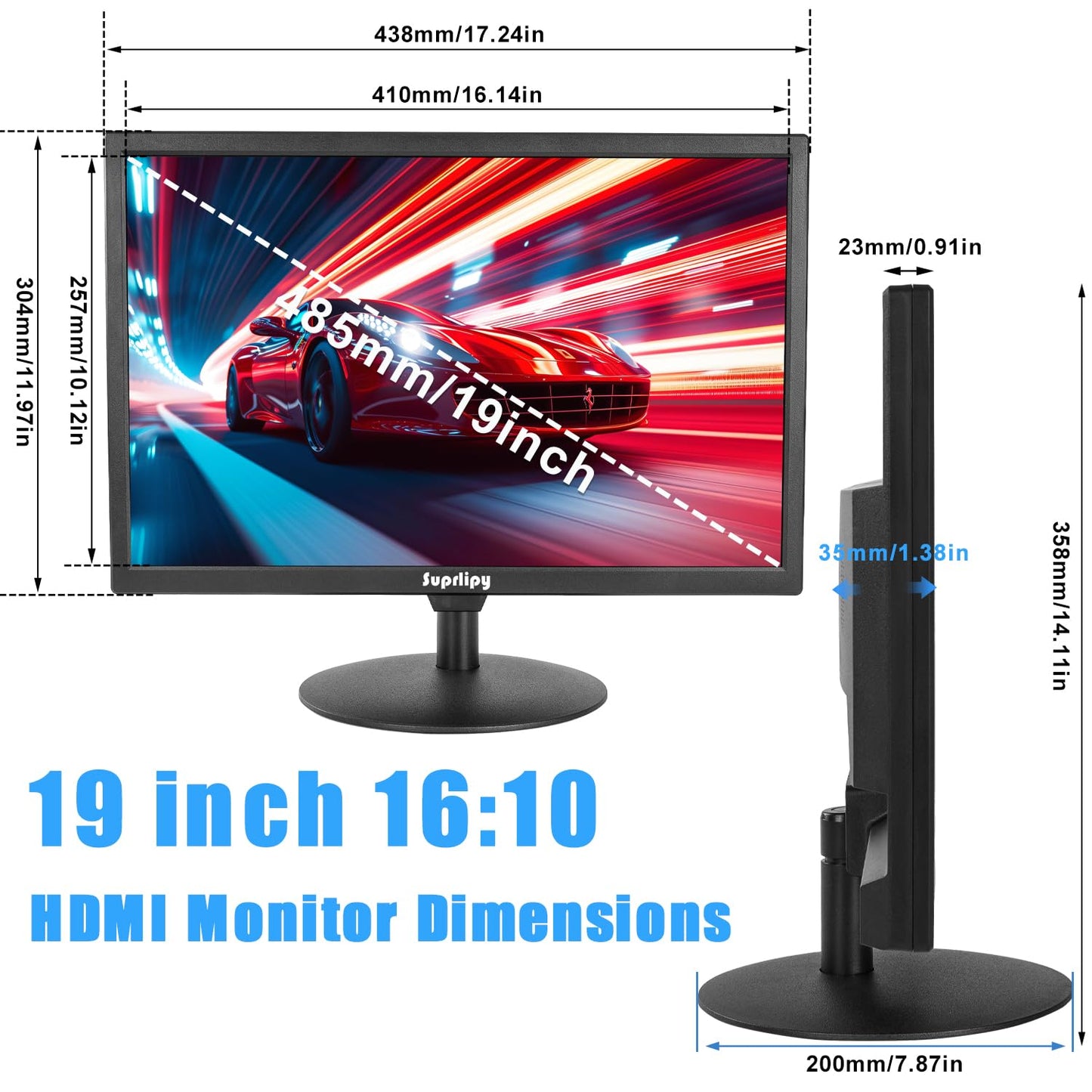 Suprlipy 19 inch FHD Small IPS Monitor LCD Display Screen 1440x900 60Hz 16:10 with HDMI BNC VGA AV USB Input Built-in Lounspeakers for CCTV Security Camera DVR PC RasPi
