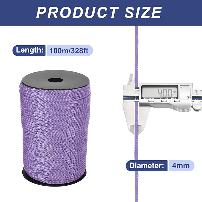 MECCANIXITY 5/32 Inch Polypropylene Rope Braided Ropes, 328ft Camping Rope Hollow Utility Cord for Clothesline, Hiking, Outdoor, Light Purple