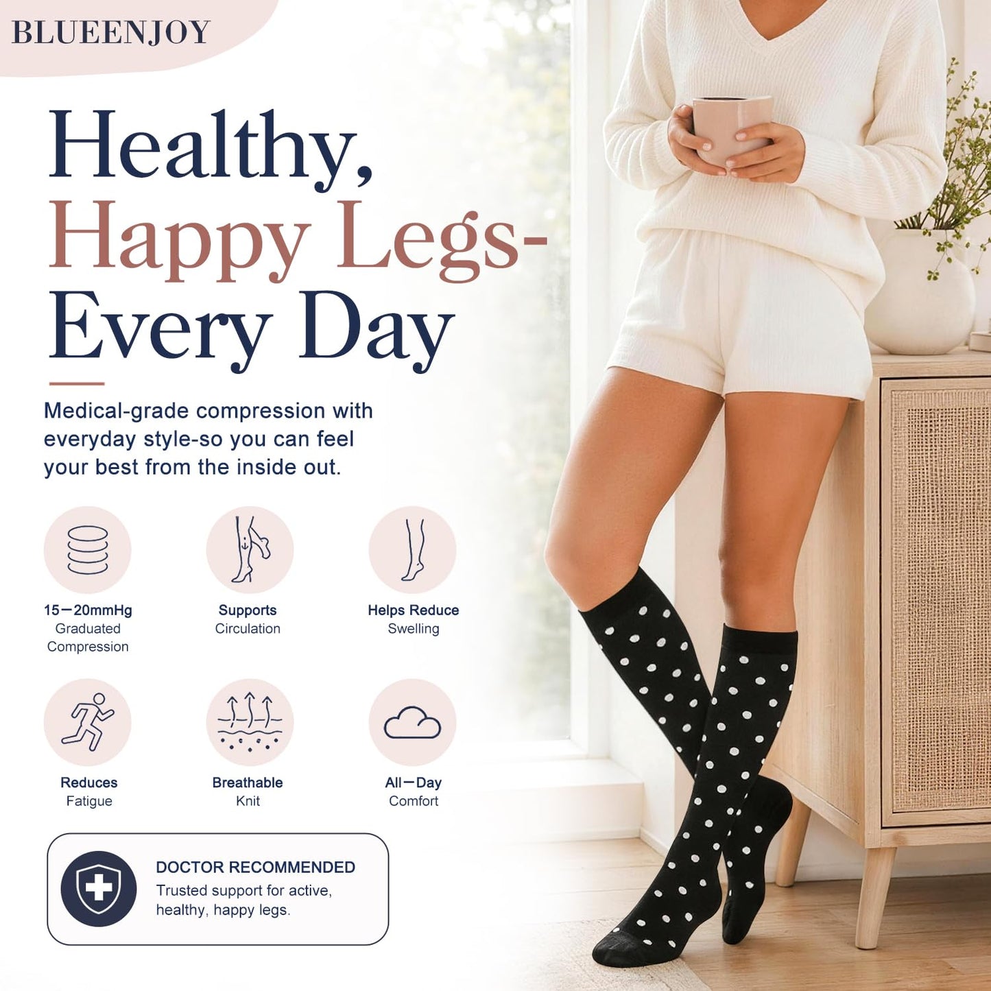 BLUEENJOY Copper Compression Socks for Women & Men (6 pairs) - Best Support for Nurses, Running, Hiking, Recovery