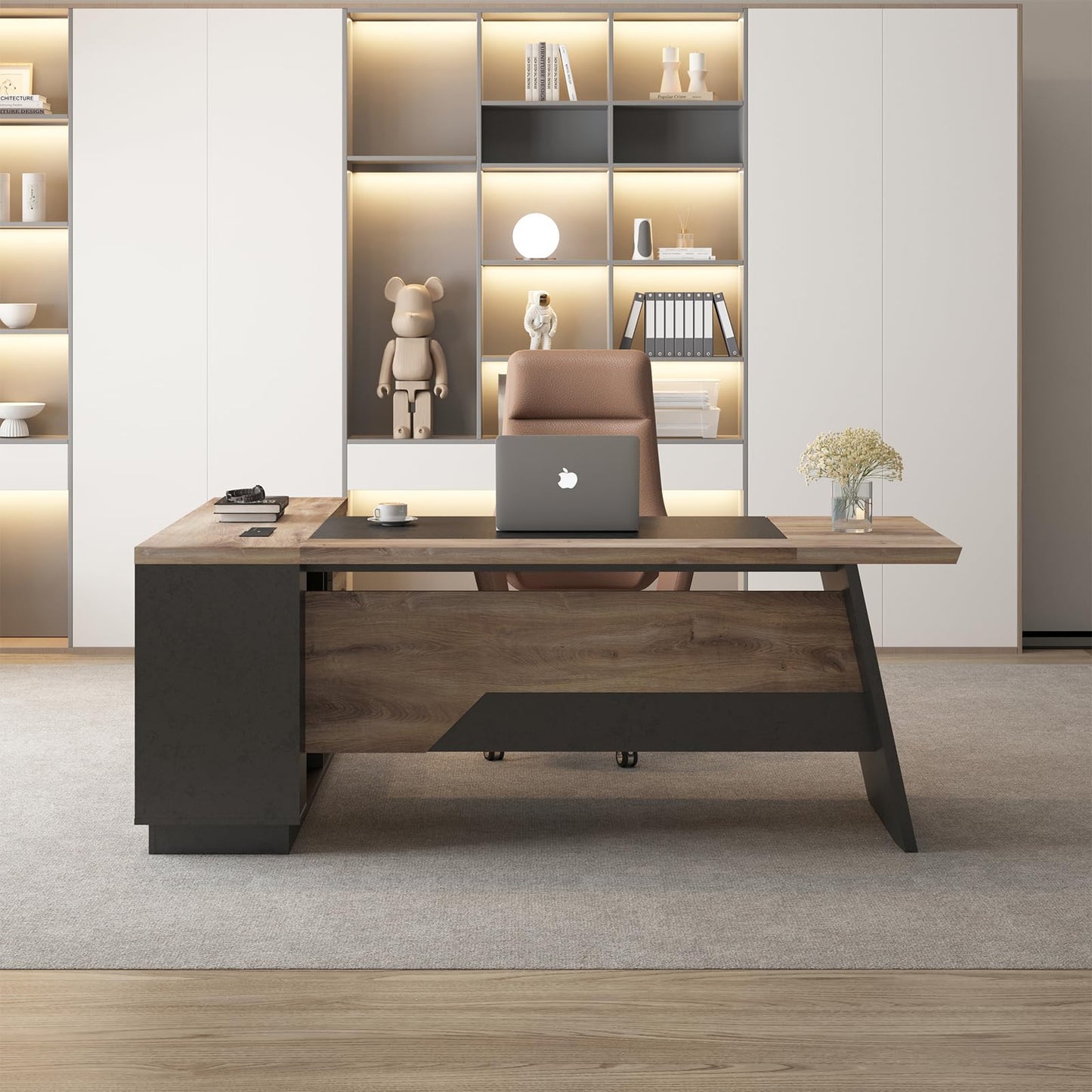 SAINTCY L-Shaped Executive Desk, 78.74 Inches Large Office Desk, Modern Computer Table Set with Drawers & Storage Shelves, Business Workstation for Home Office, Right Return