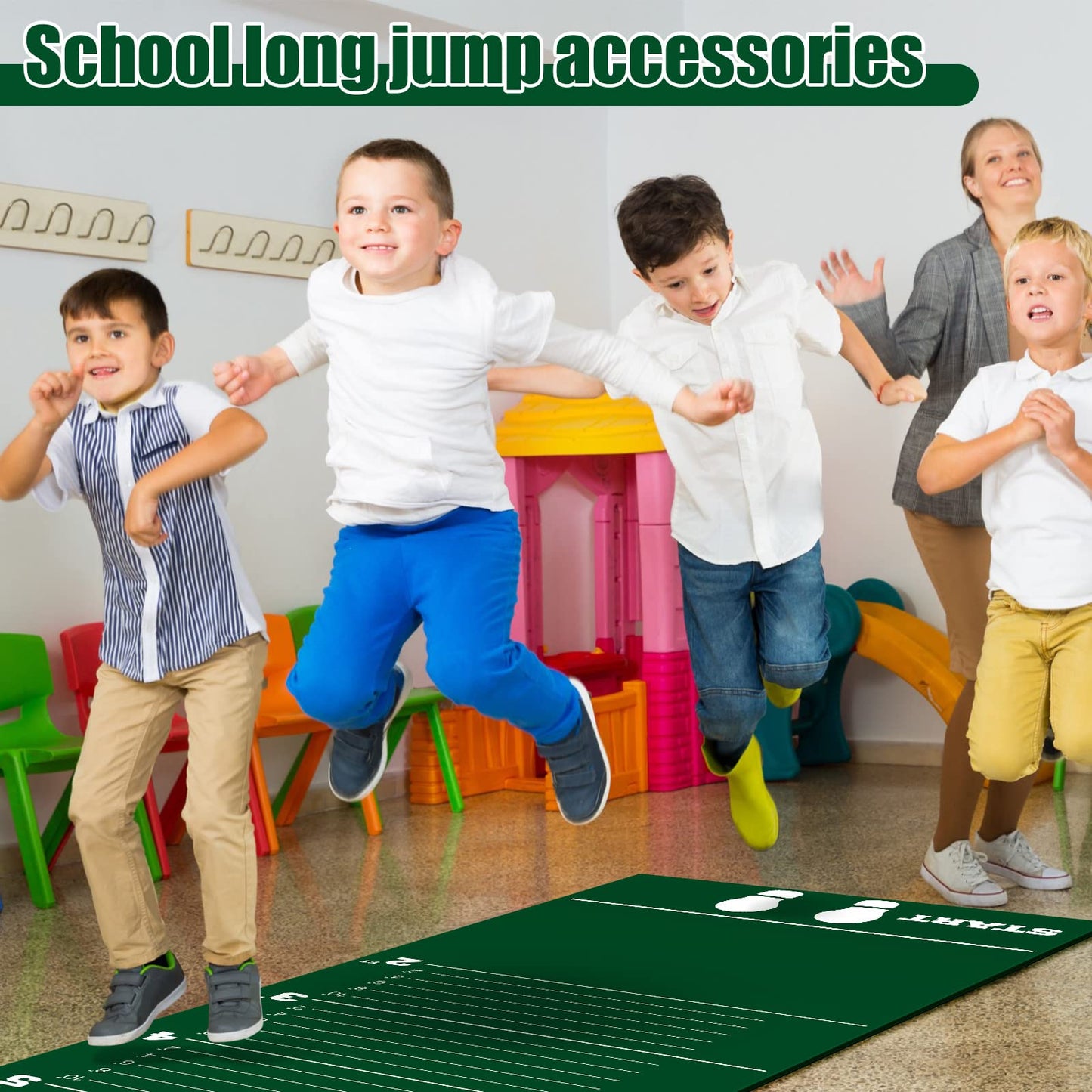Woanger 12 x 2.5 Ft Long Jump Mat Sports Broad Jump Measurement Mat Hash Marks Carpeted Non Slip for Gym School Home Flooring Exercise Workout Training (Green)